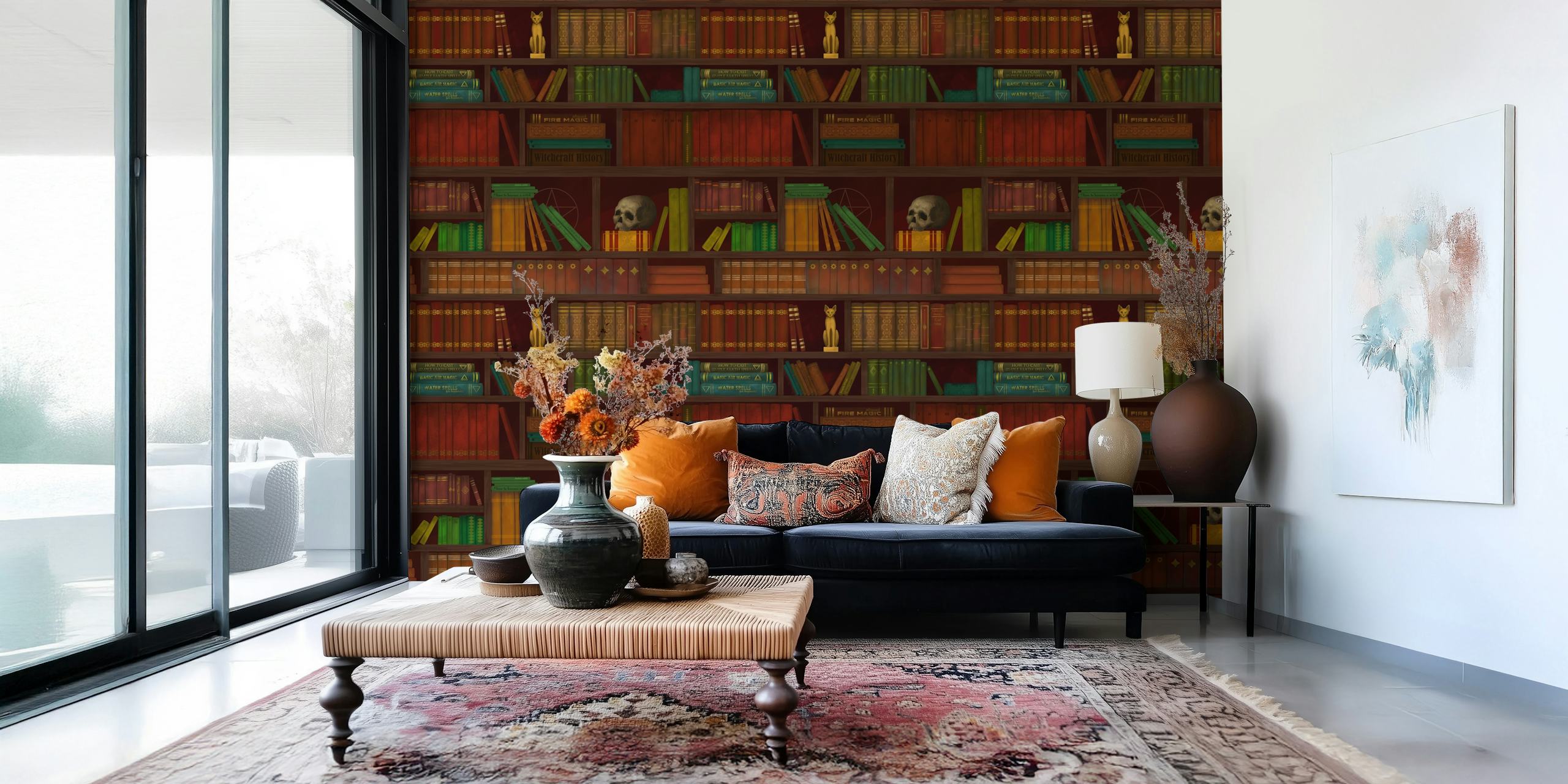 Papel de parede Dark Academia com livros e caveiras