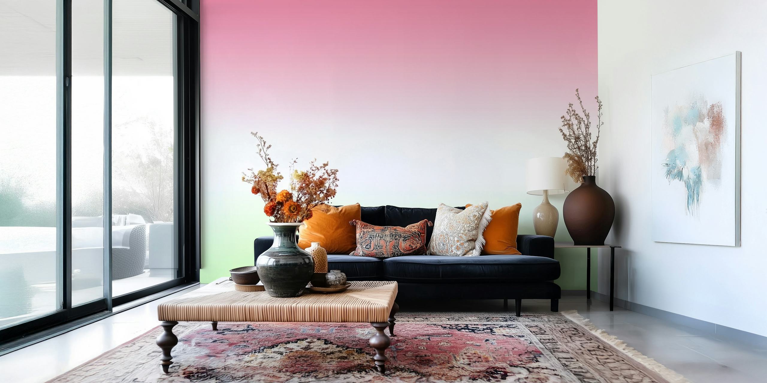 Green and pink ombre wallpaper in a room