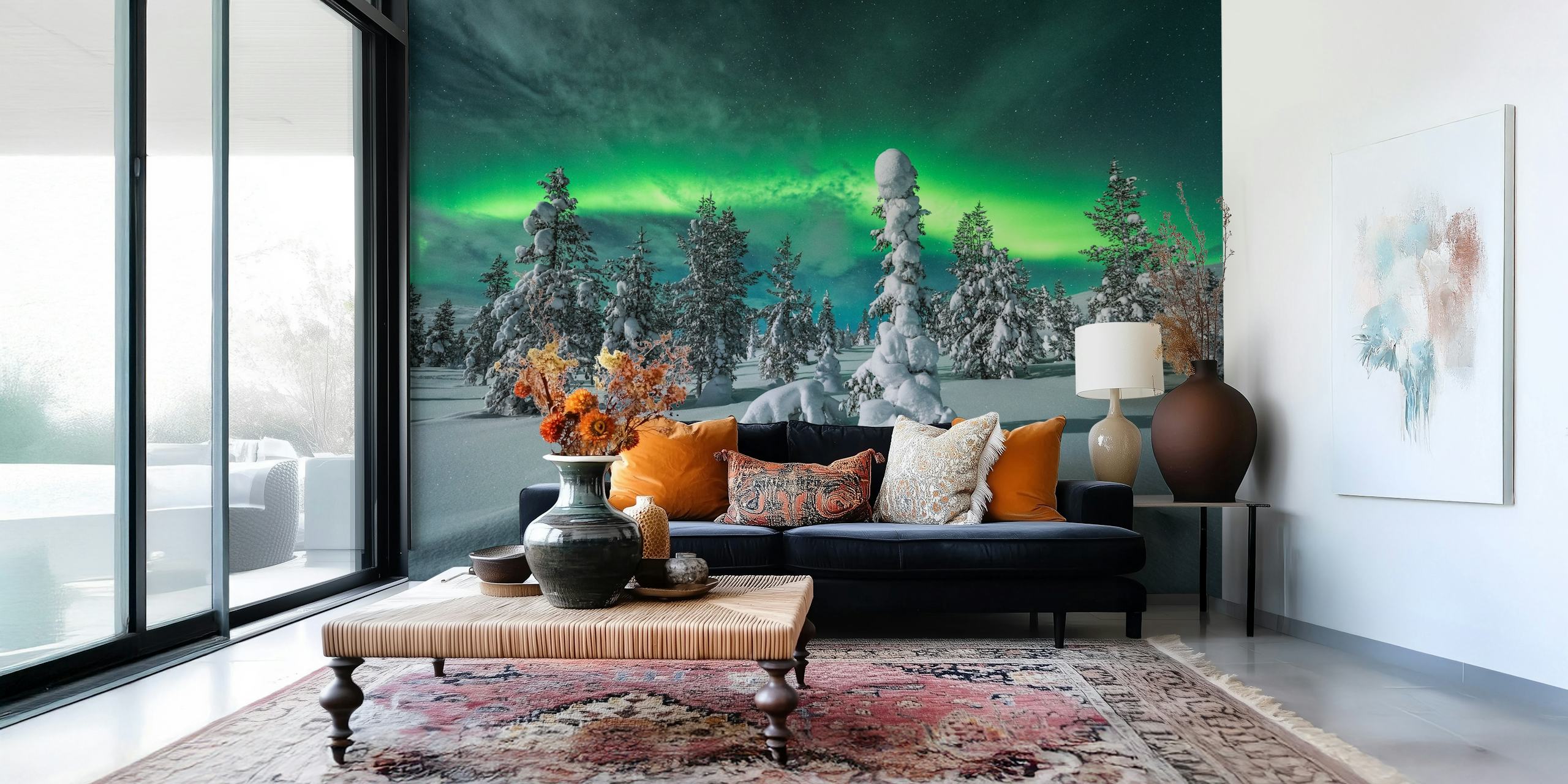 Green aurora borealis over snowy landscape wallpaper