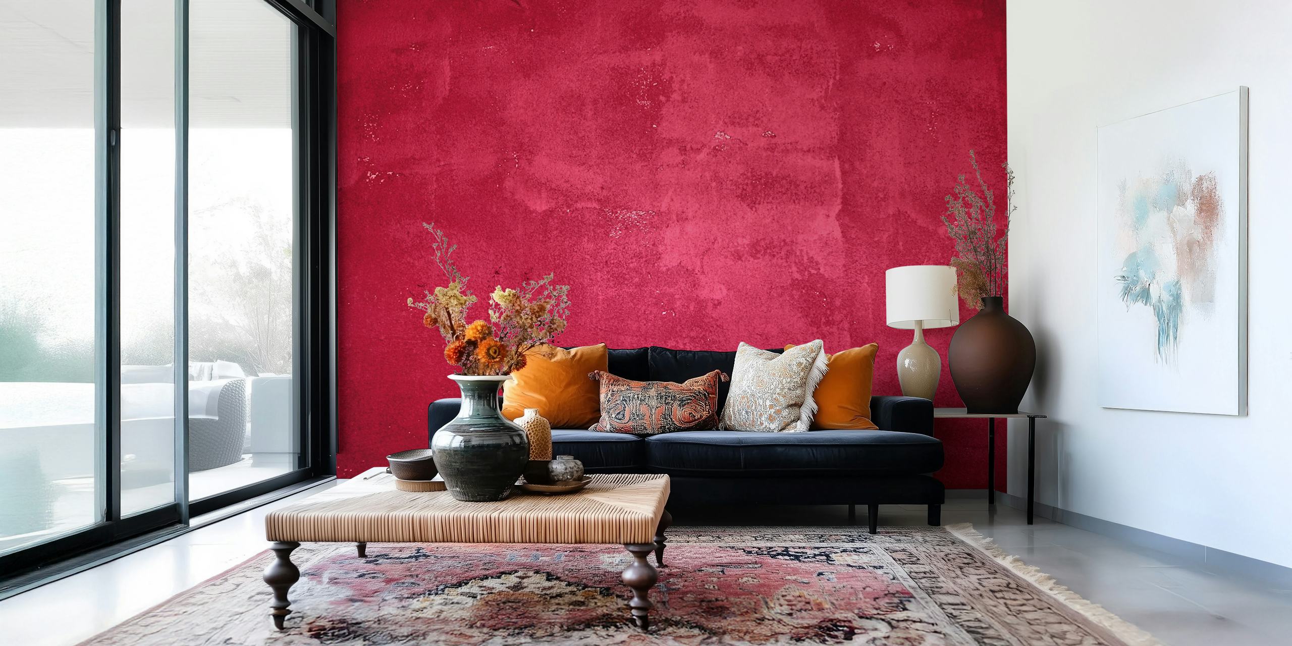 Diep rode betonlook wand met textuur wallpaper