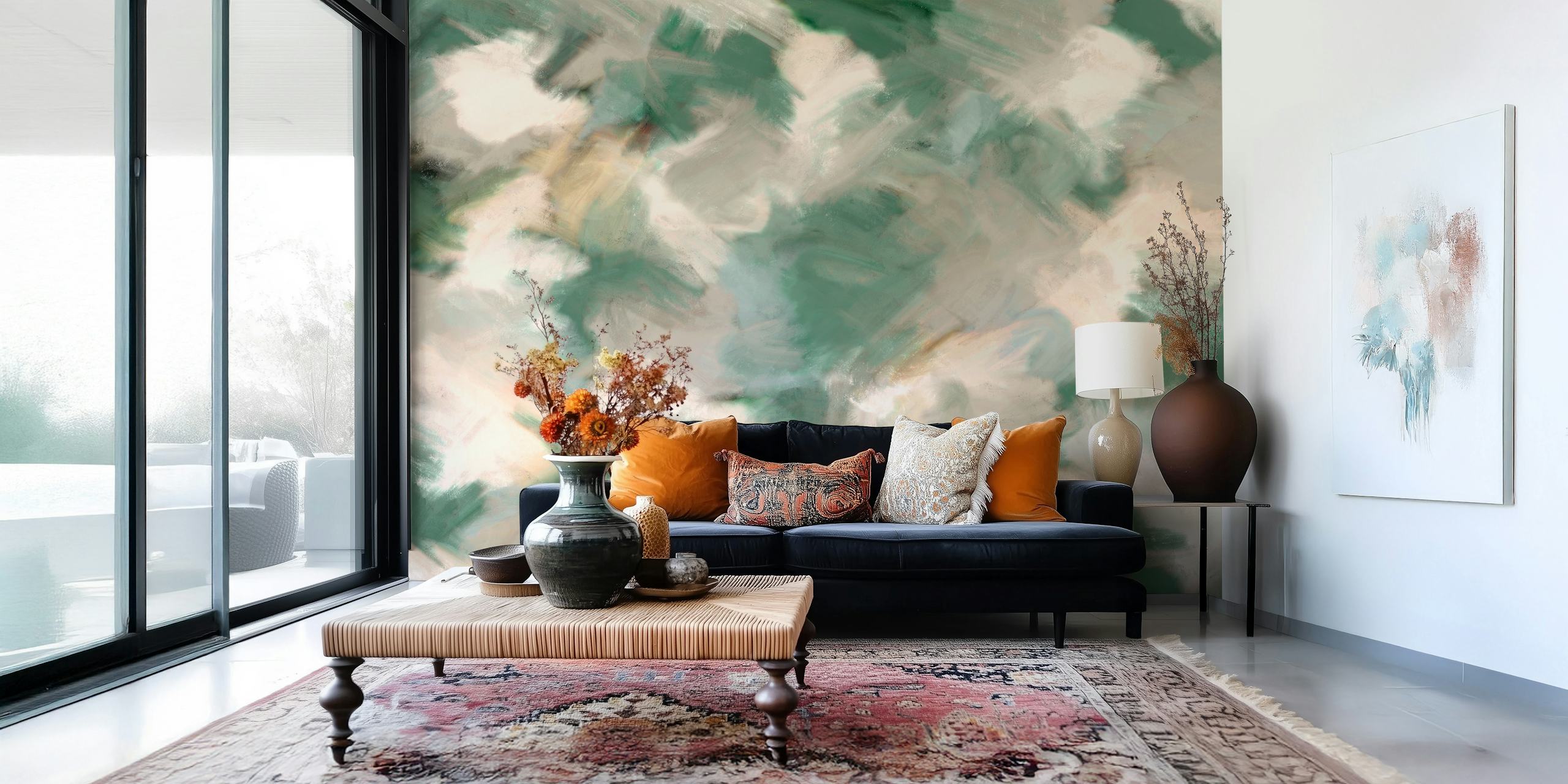 Abstract green and beige painted wall mural with square brushstroke patterns