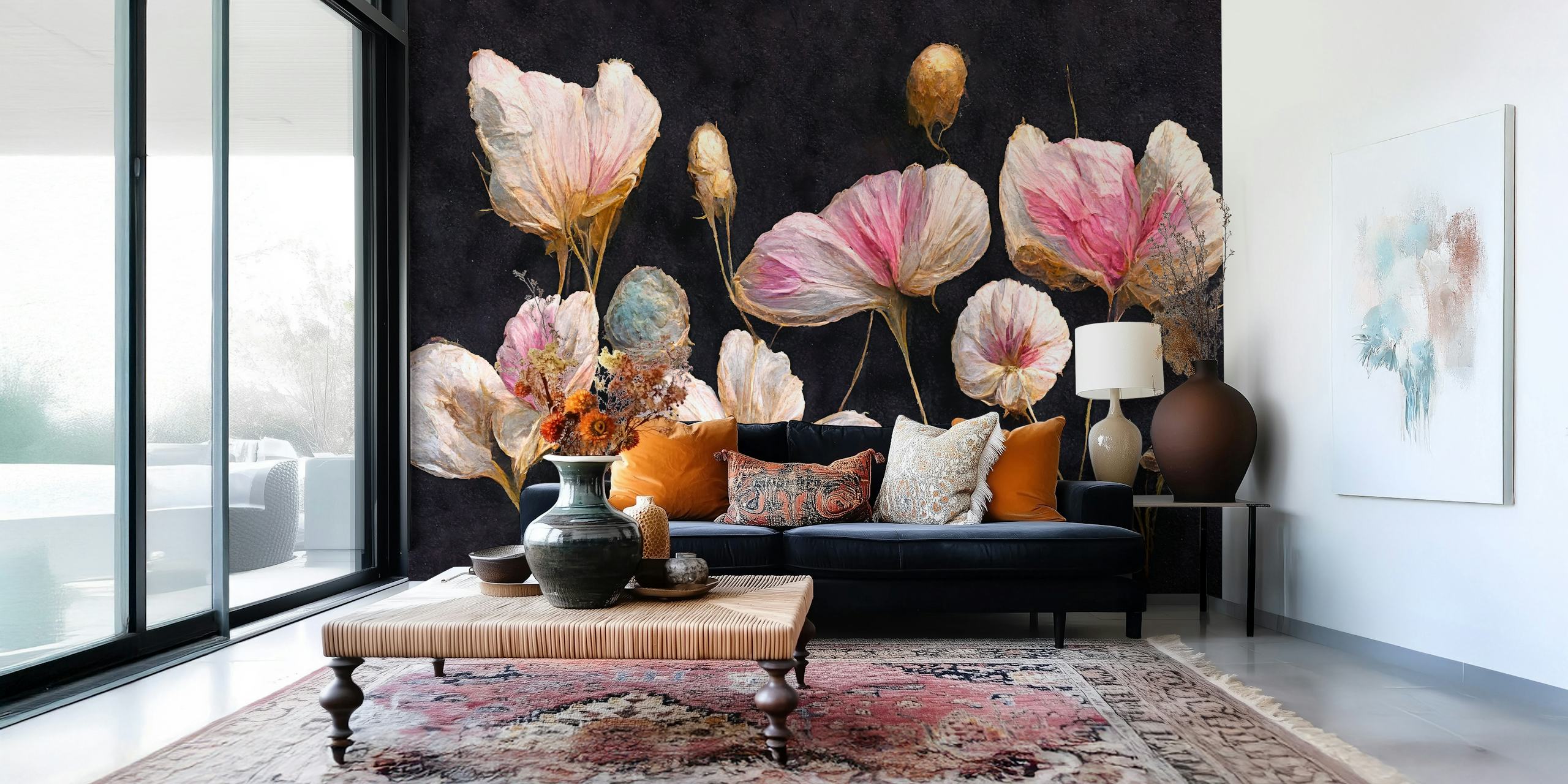 Pink dry flowers on a black background wallpaper