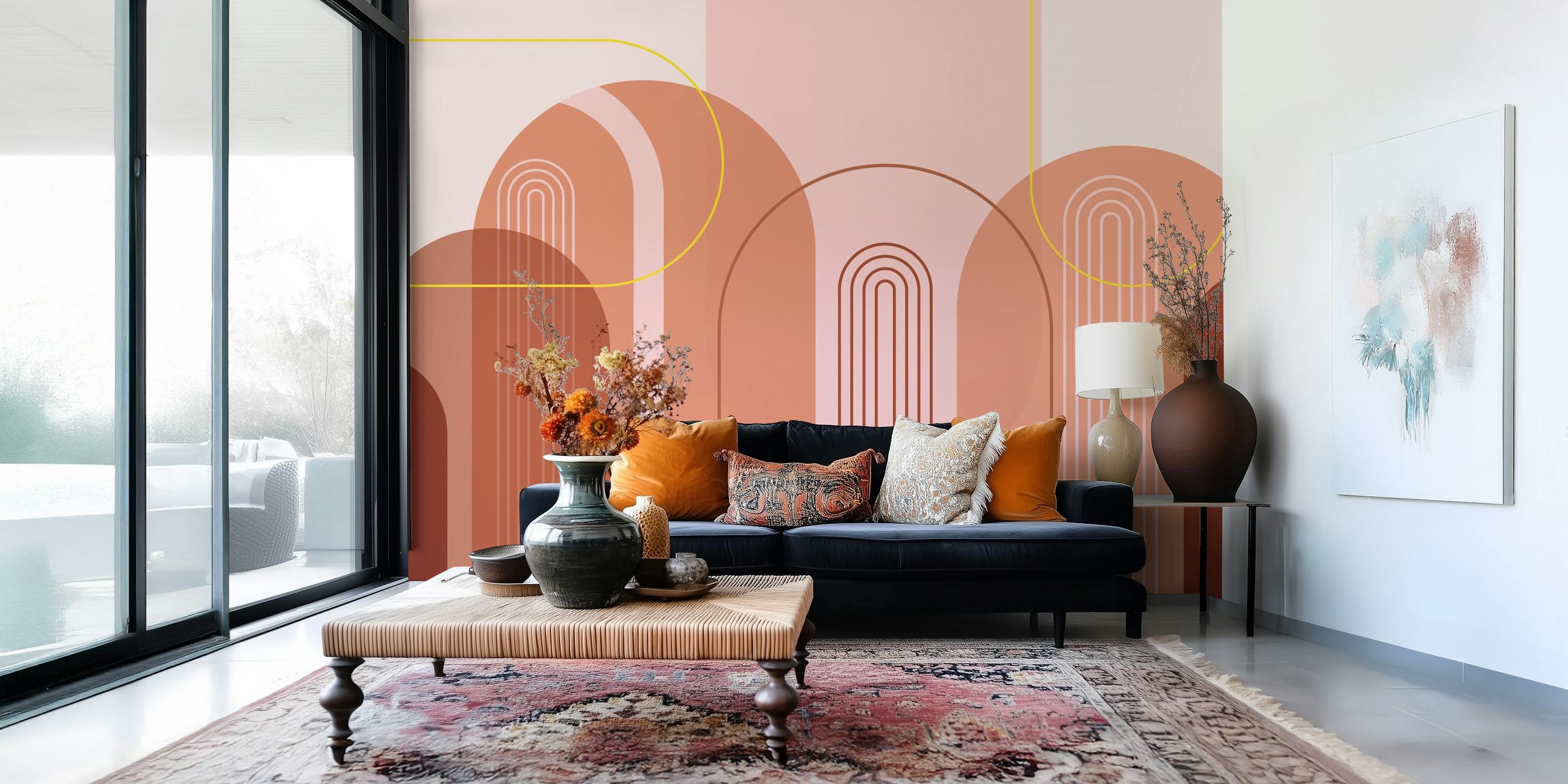 Abstrakt moderne buevægmaleri fra midten af århundredet med pink, beige, rødbrun og guldfarver