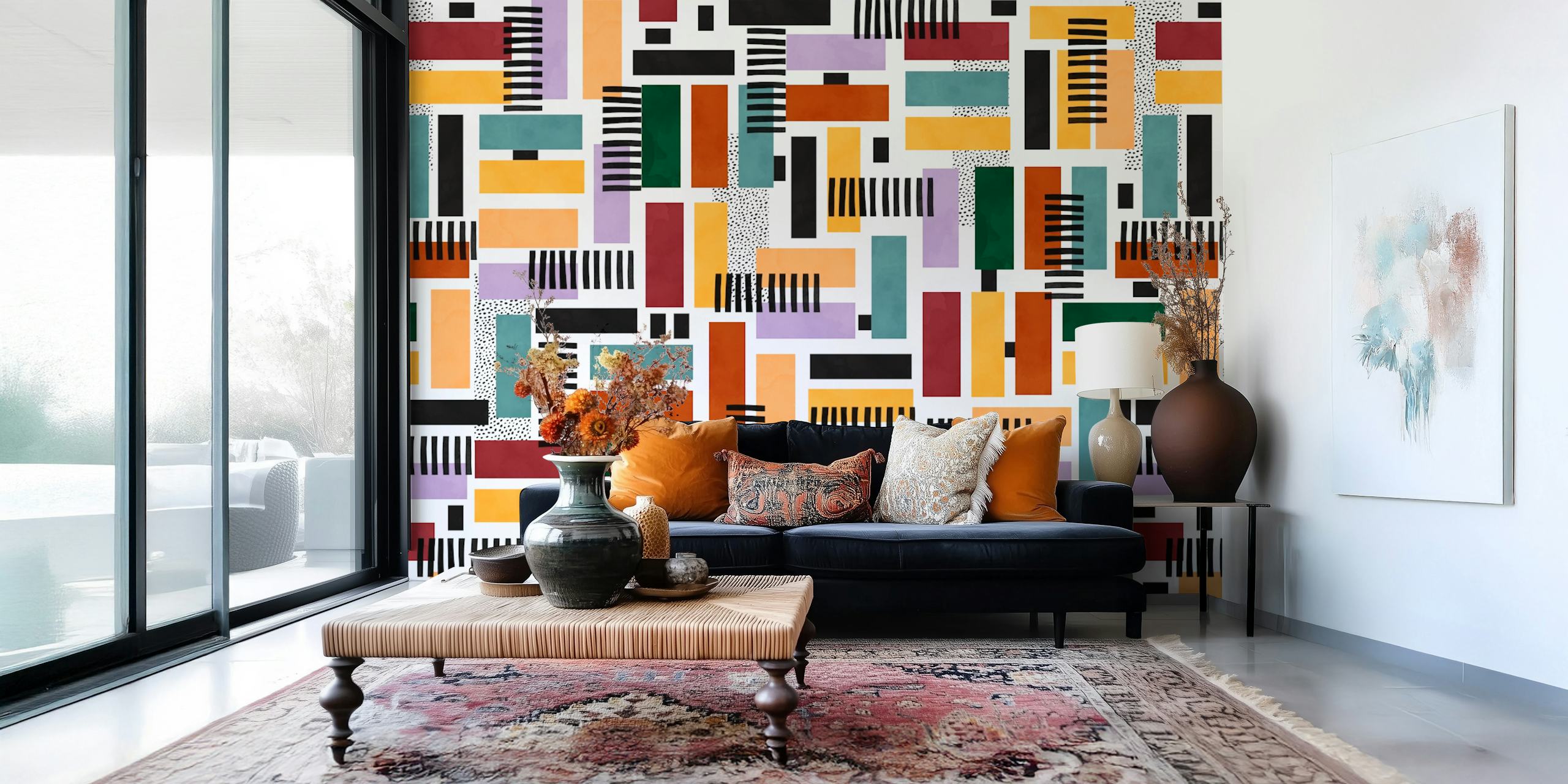 Colorful abstract striped wallpaper with various geometric shapes