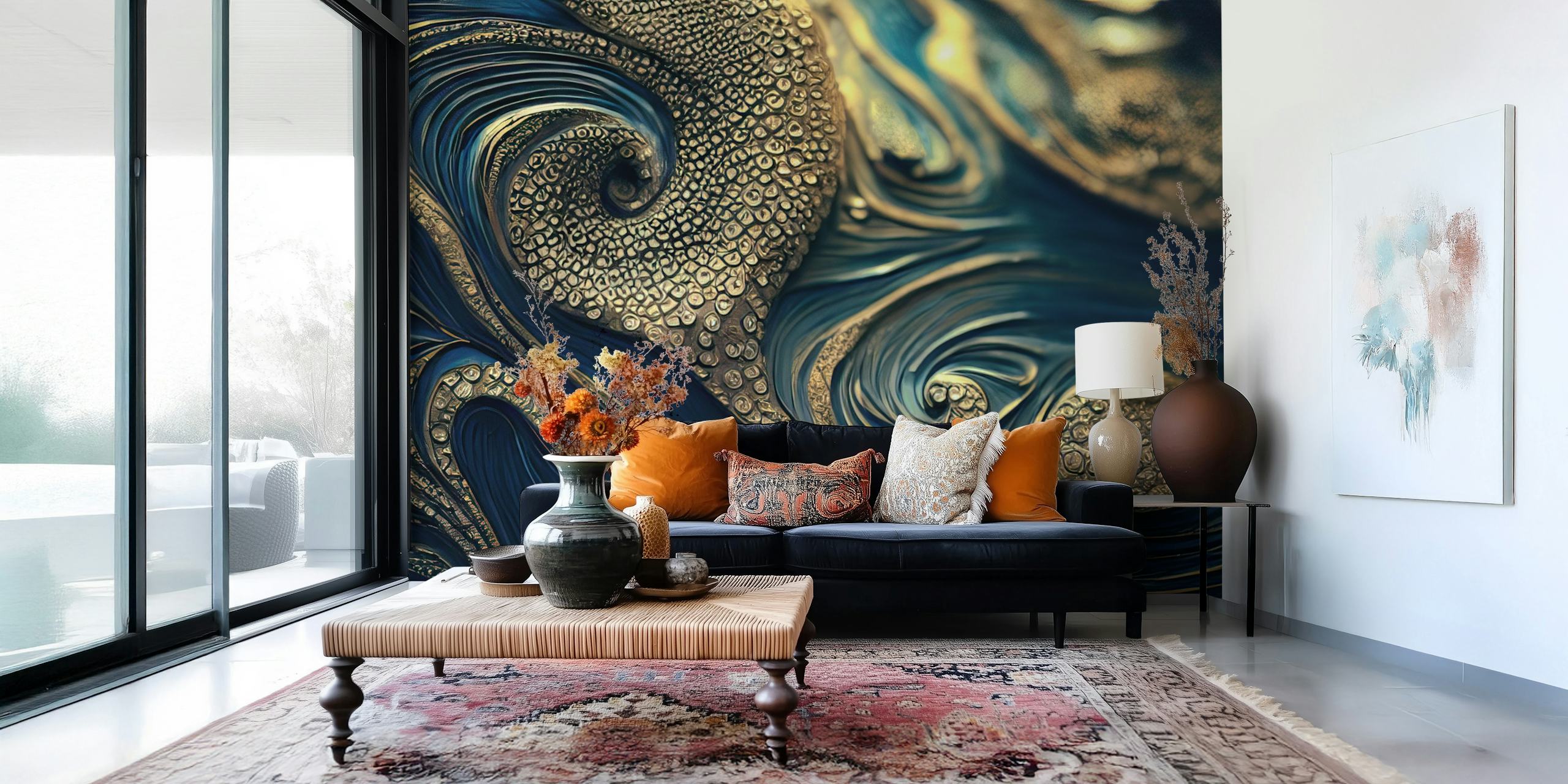 Blue and gold swirling abstract octopus wallpaper