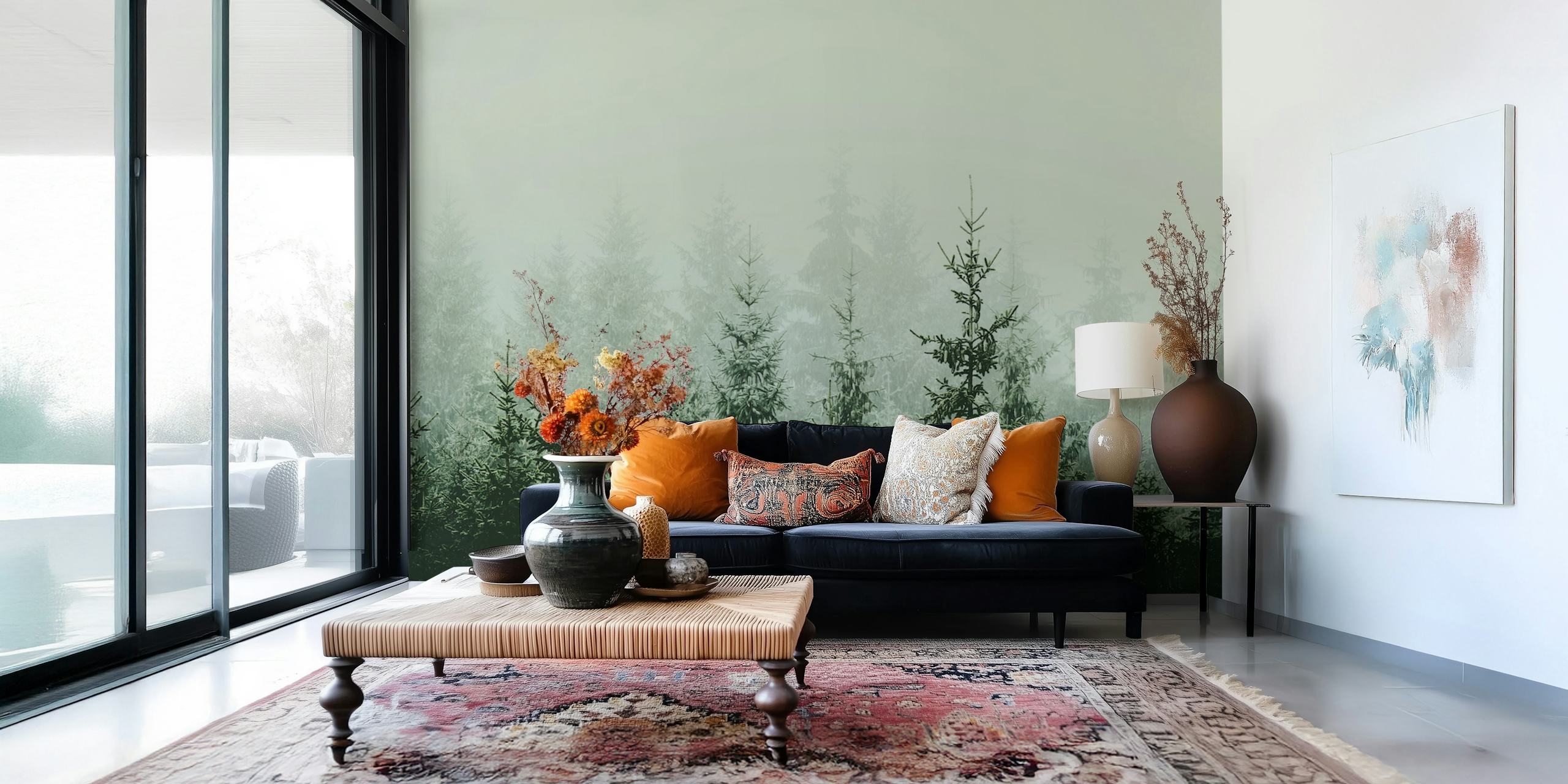Mountain forest wallpaper in a room