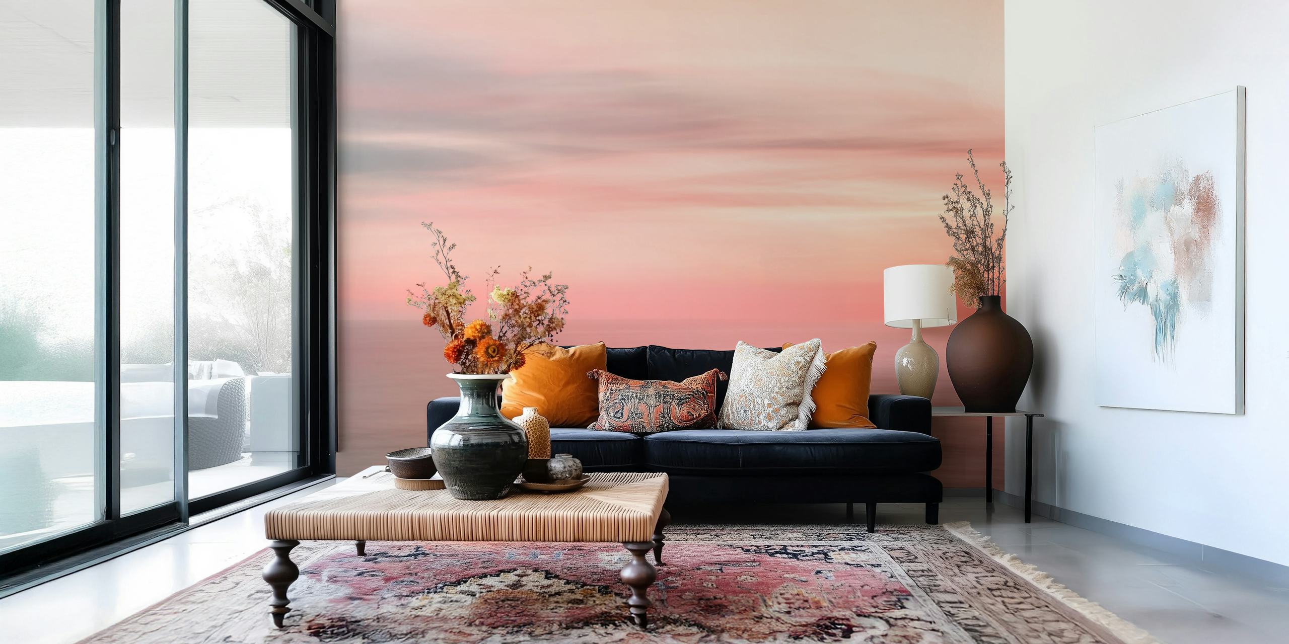 Mural de parede de um céu colorido do pôr do sol com tons rosa e laranja refletindo no oceano