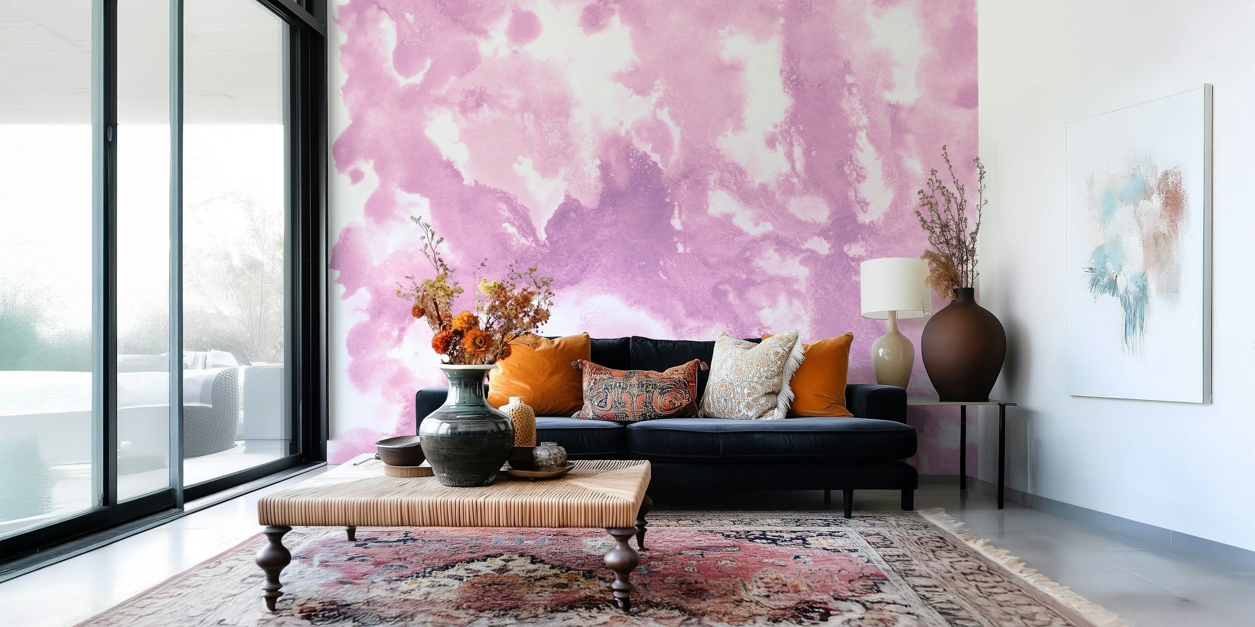 Blush pink abstract wallpaper featuring soft watercolor patterns.
