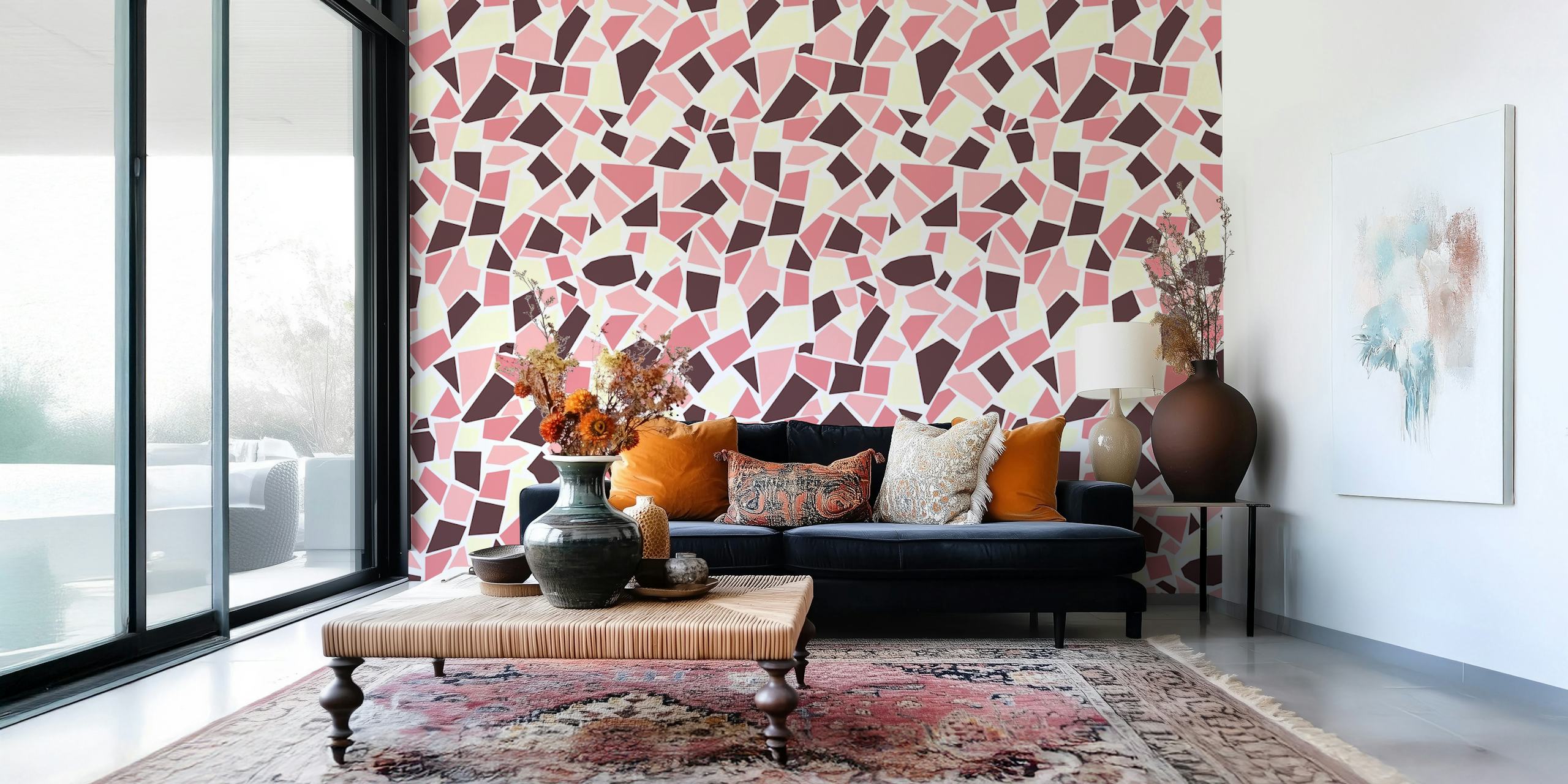 Abstract pink, black, and white mosaic wall mural
