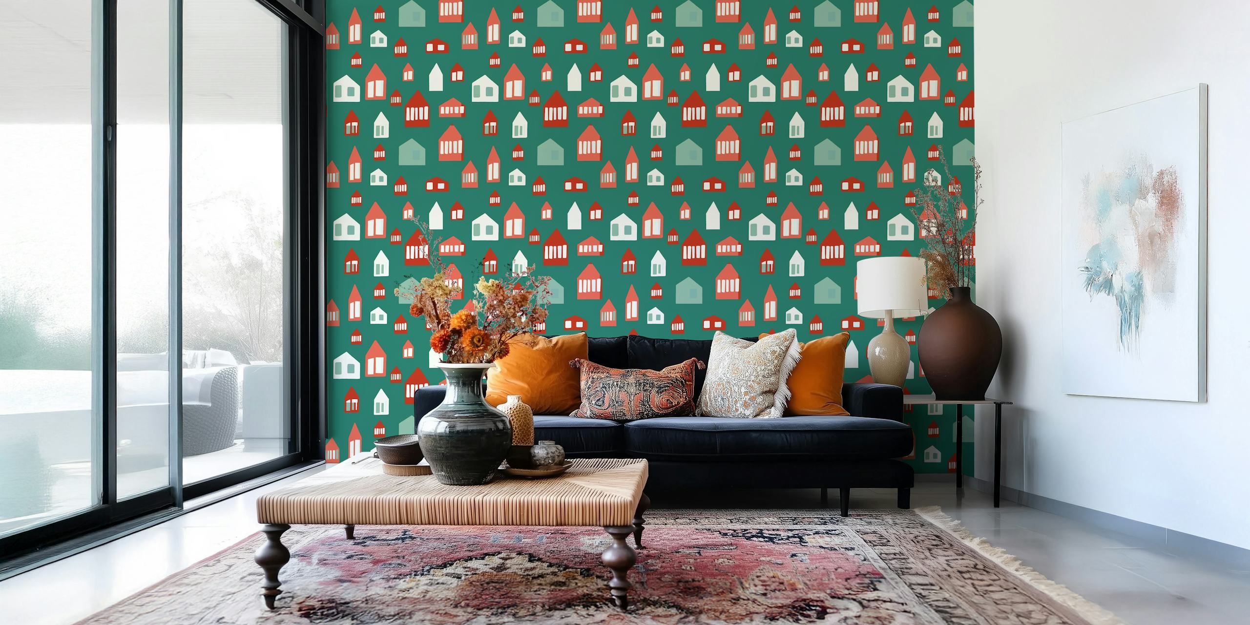 Amsterdam green wallpaper with colorful houses