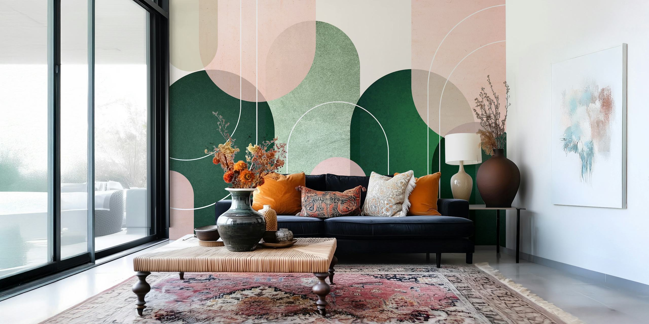 Abstract arches in pink and green tones on wallpaper