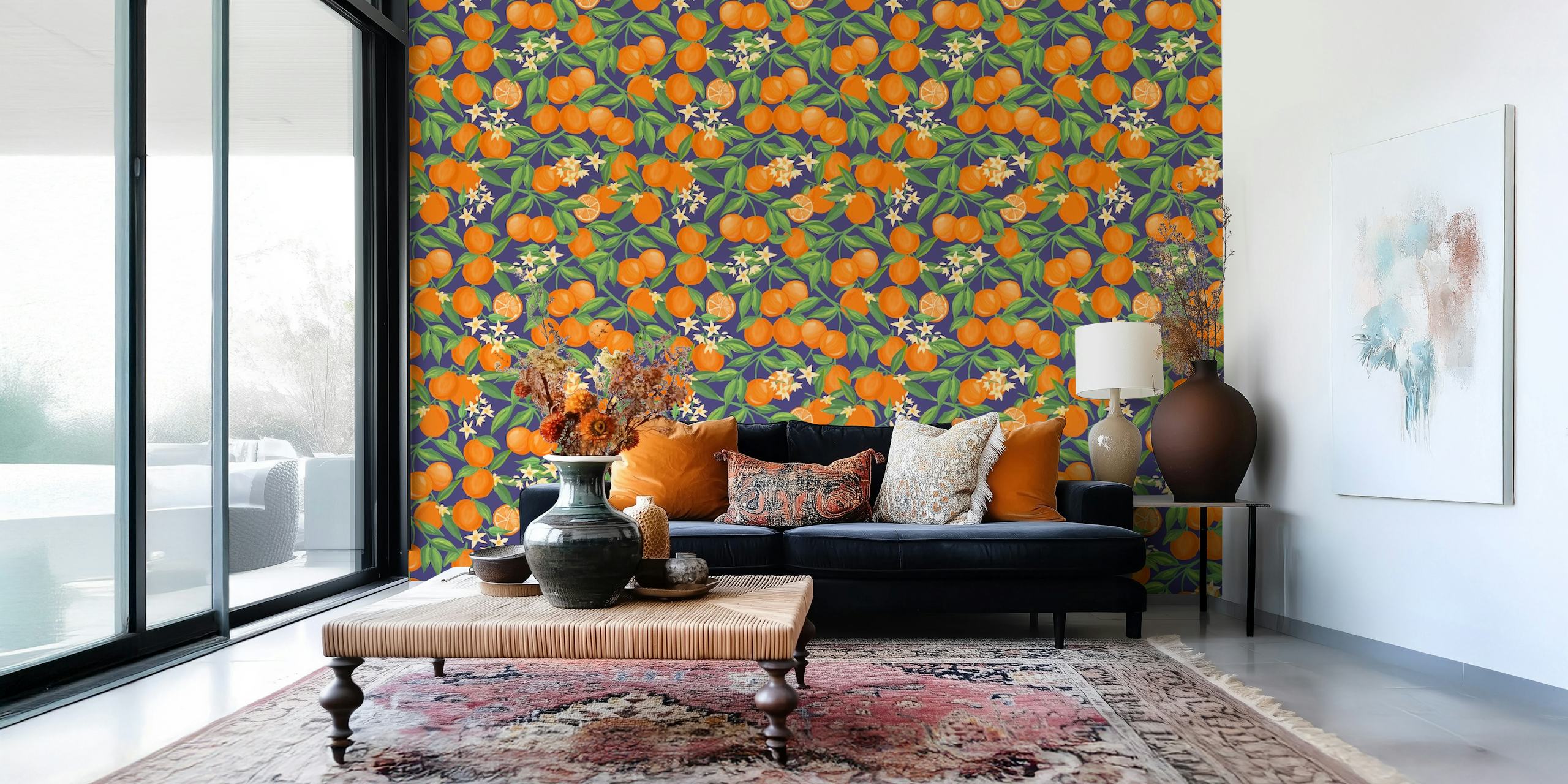 Orange fruits and white flowers on blue background wallpaper