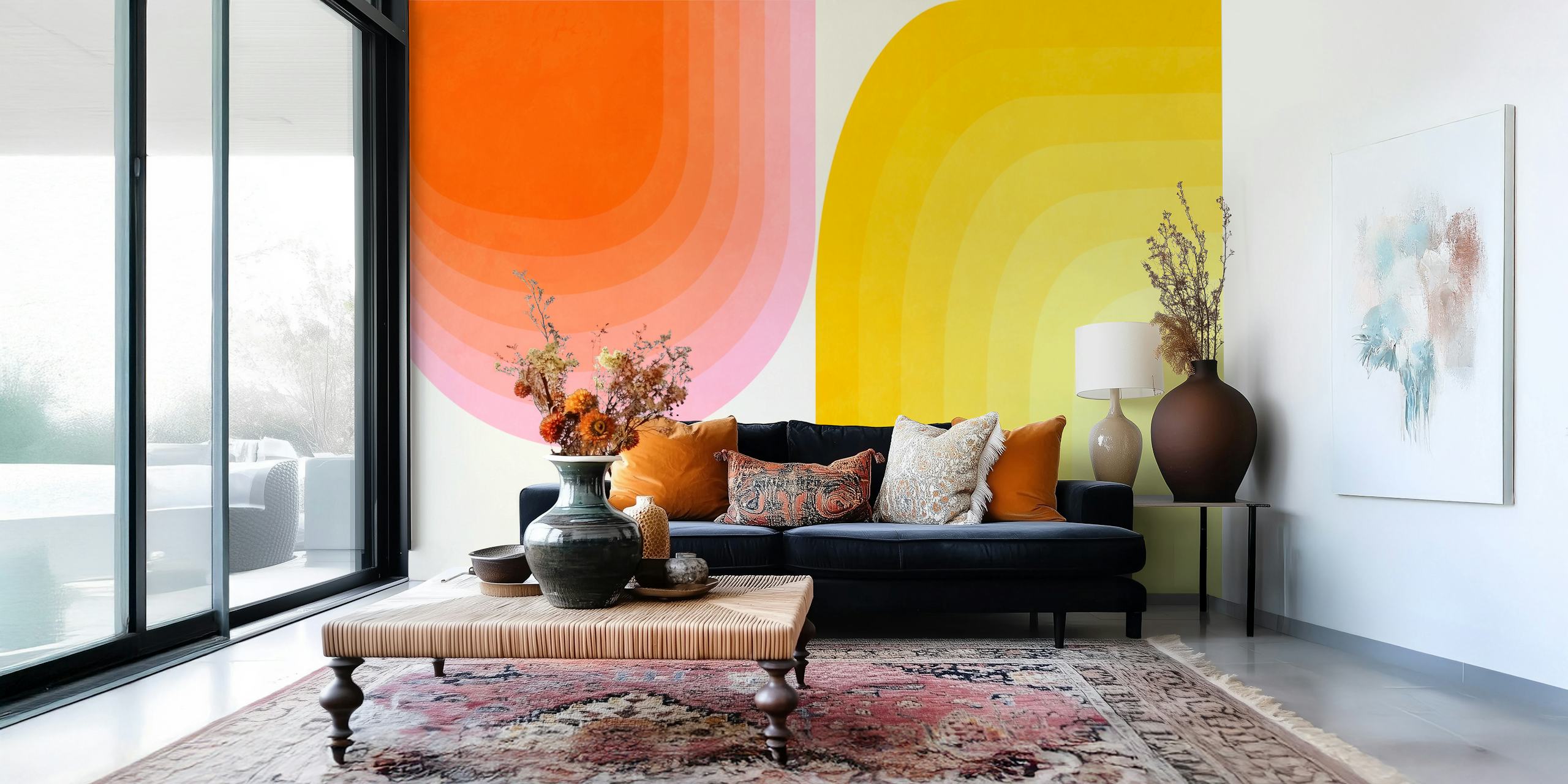 Gradient geometric mid-century tapetti huoneessa