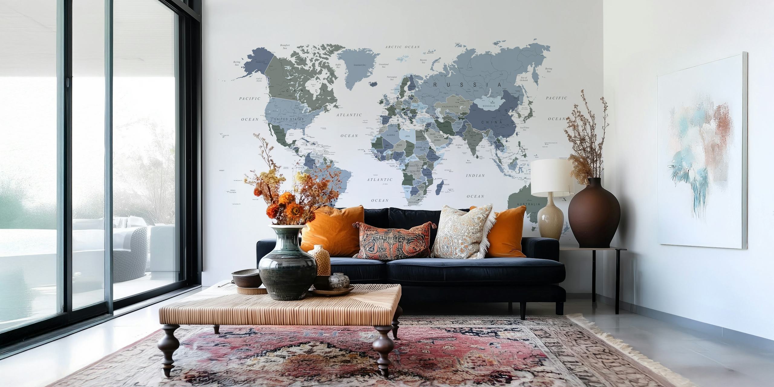 World map in blue and green colors, geographic wallpaper
