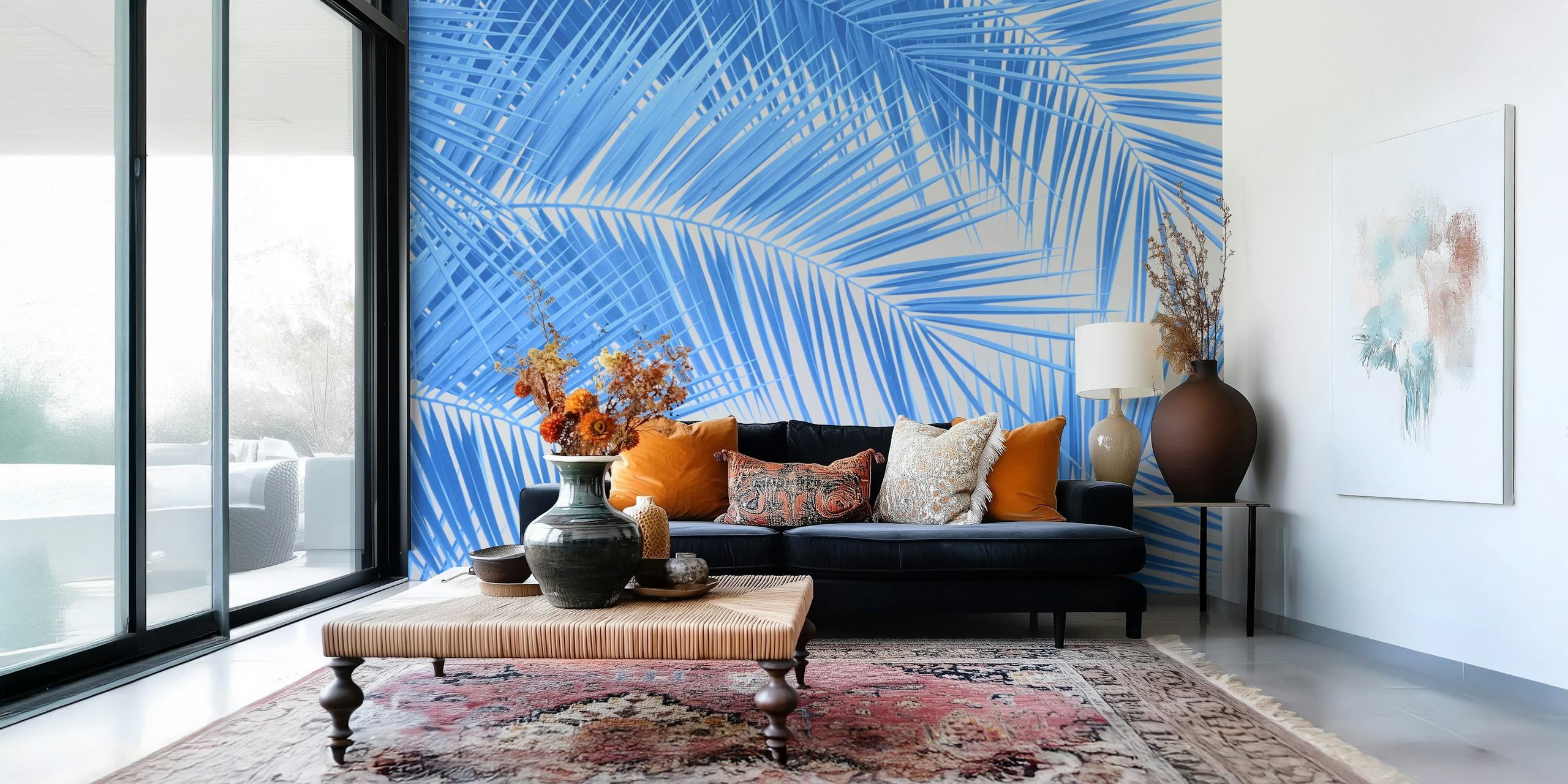 Blue palm -tapettisuunnittelu huoneessa