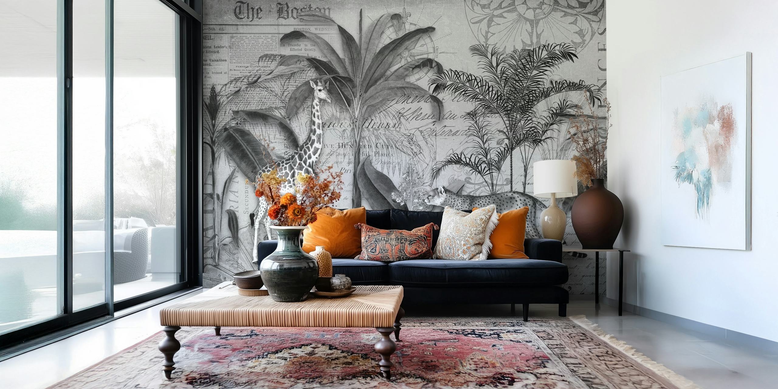 Giraffe and leopard among tropical plants and vintage text wallpaper