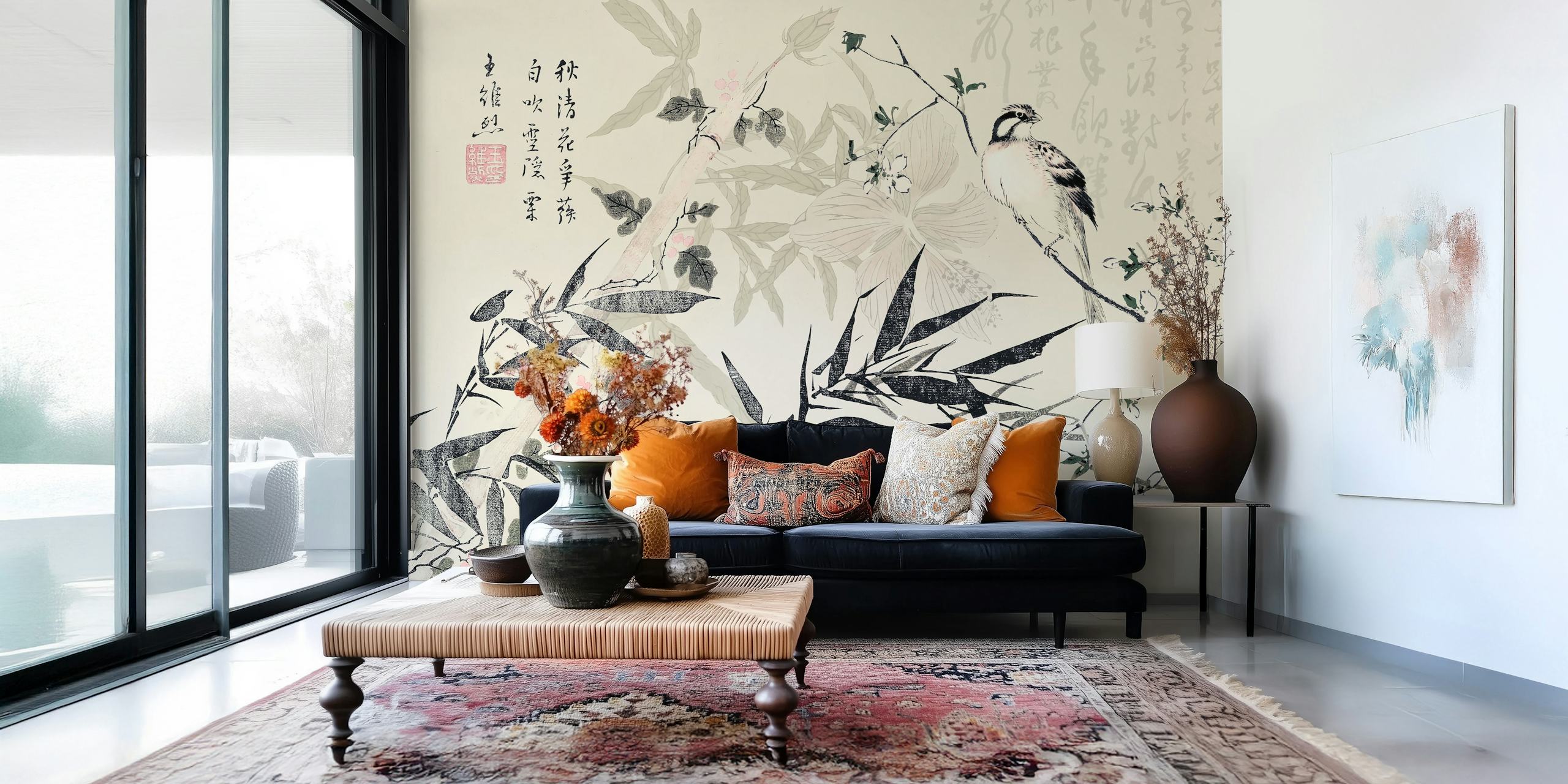 Bamboo Chinoiserie Beige tapetti huoneessa