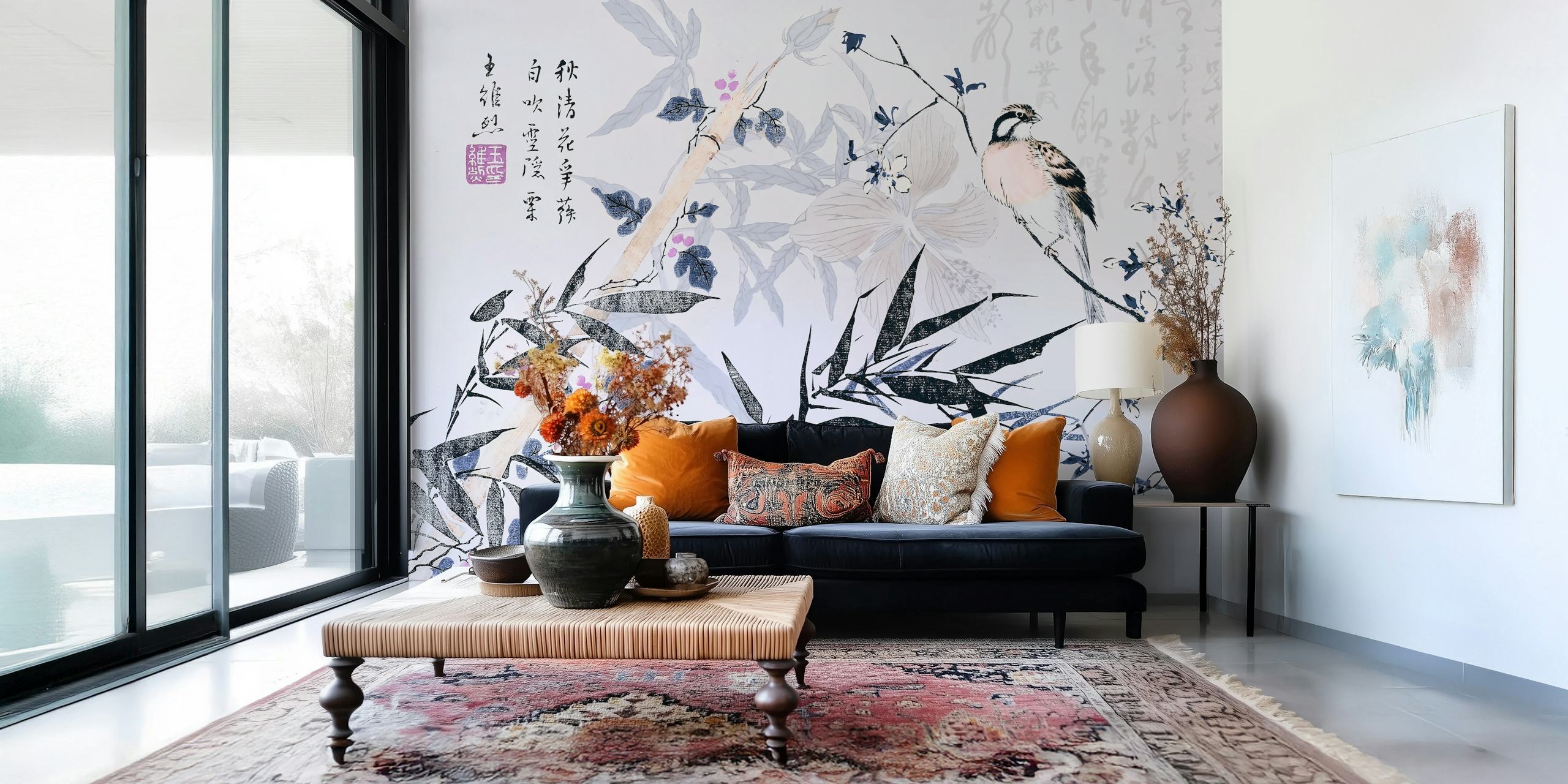 Bamboo and floral designs with blue and pink accents wallpaper