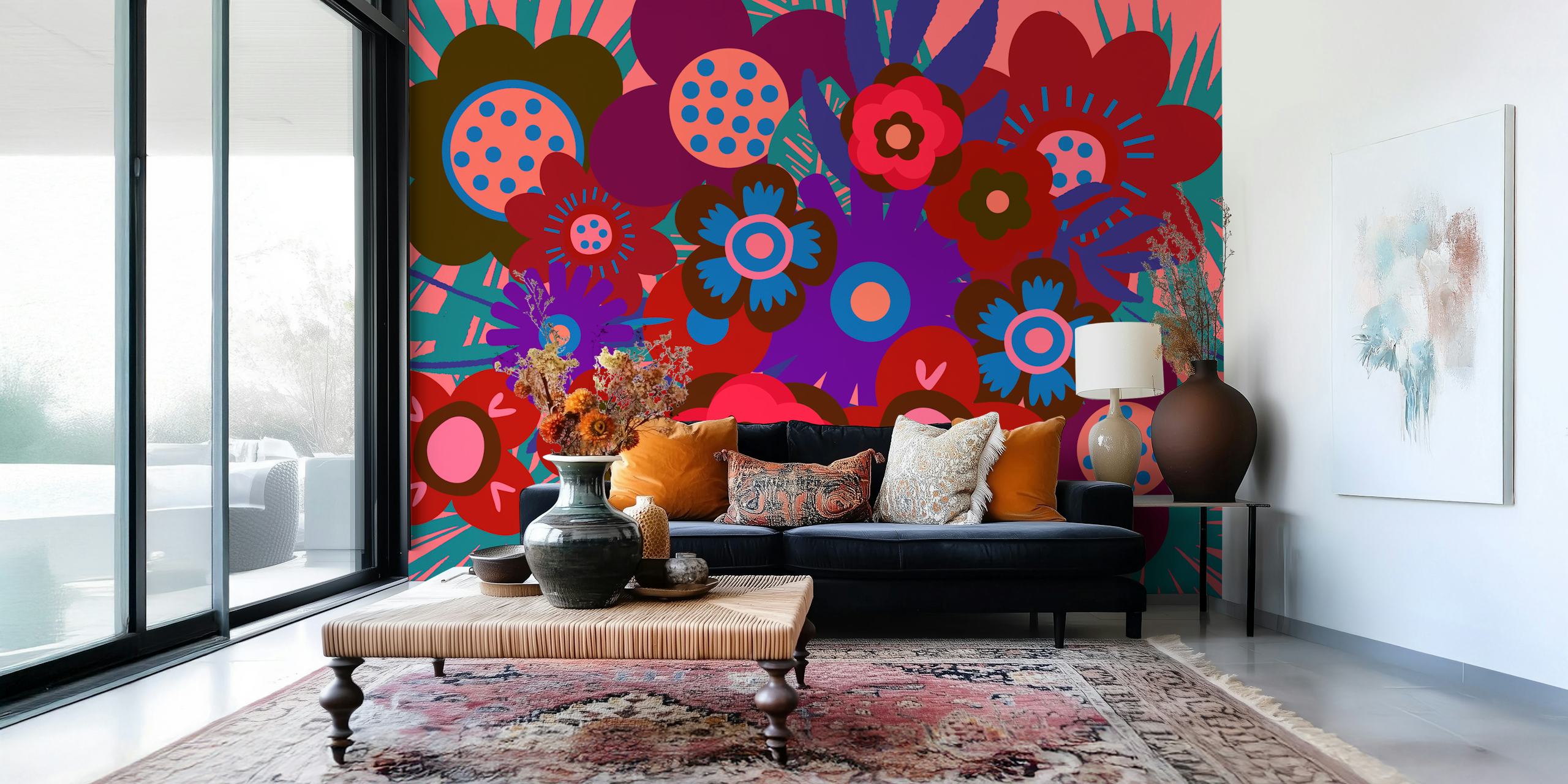 Mural de parede abstrato de arte floral de meados do século com cores vibrantes