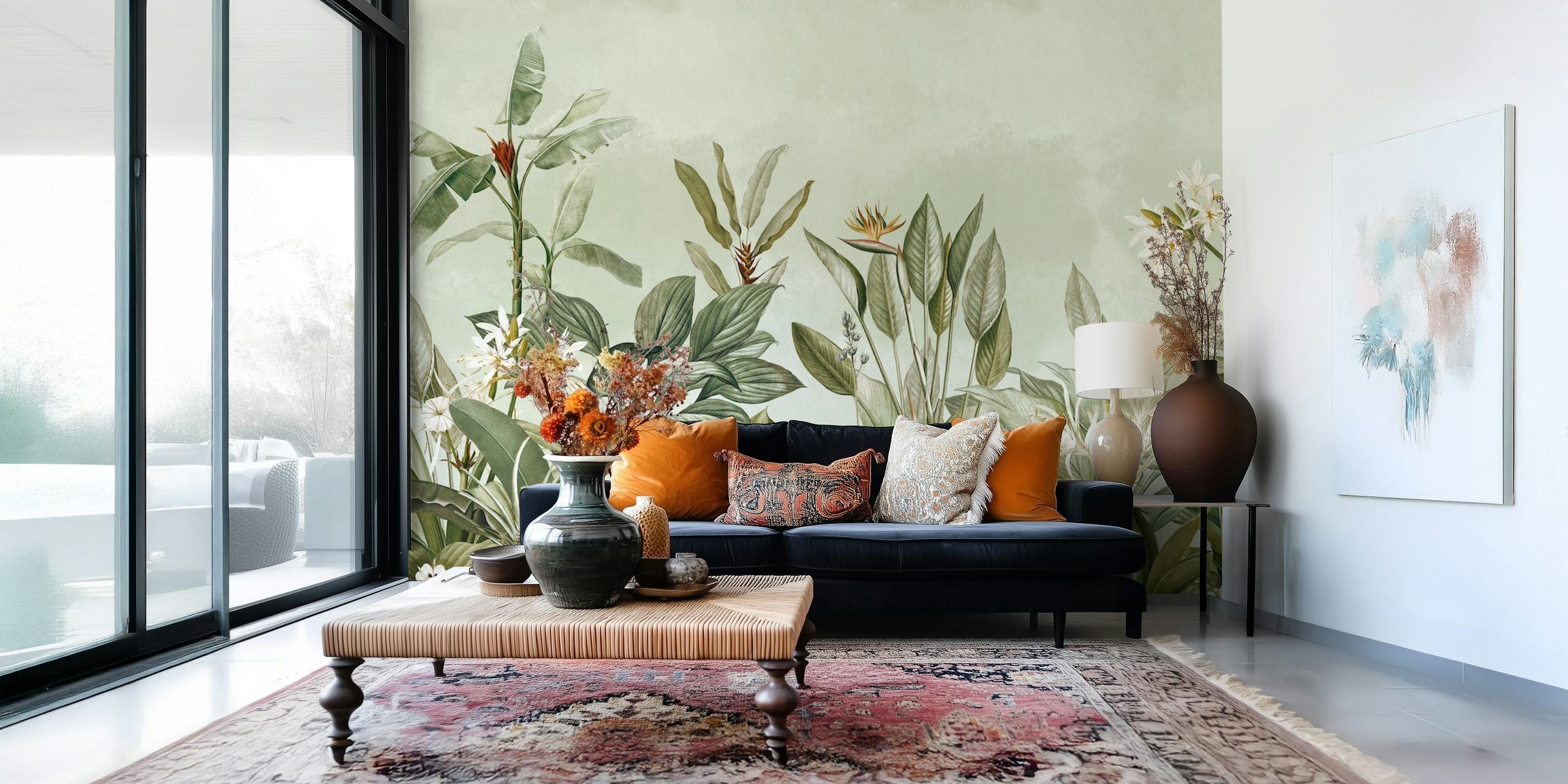 Lush floral green leaves and white flowers vintage wallpaper