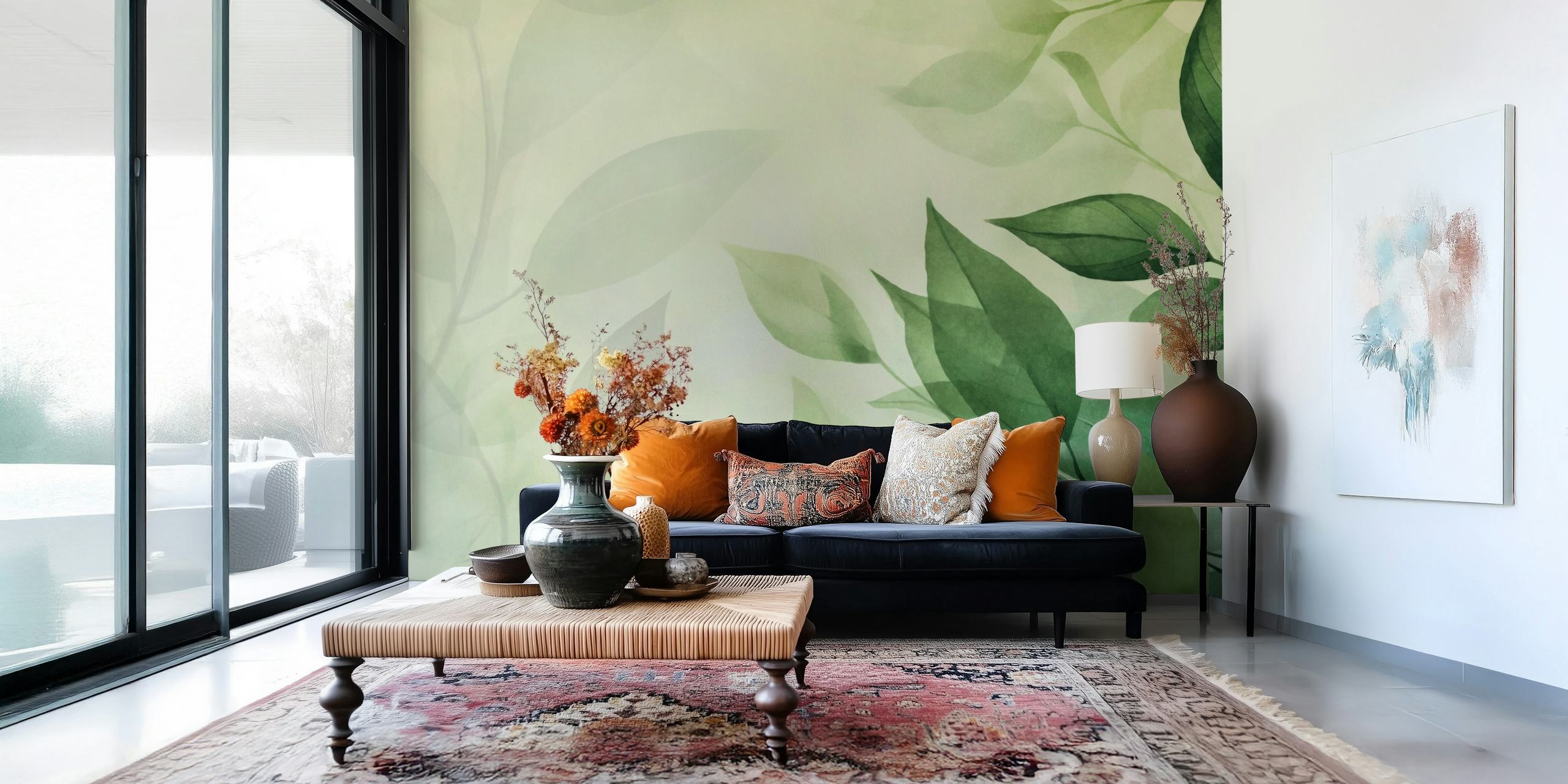 Botanical leaves in shades of green and soft background wallpaper