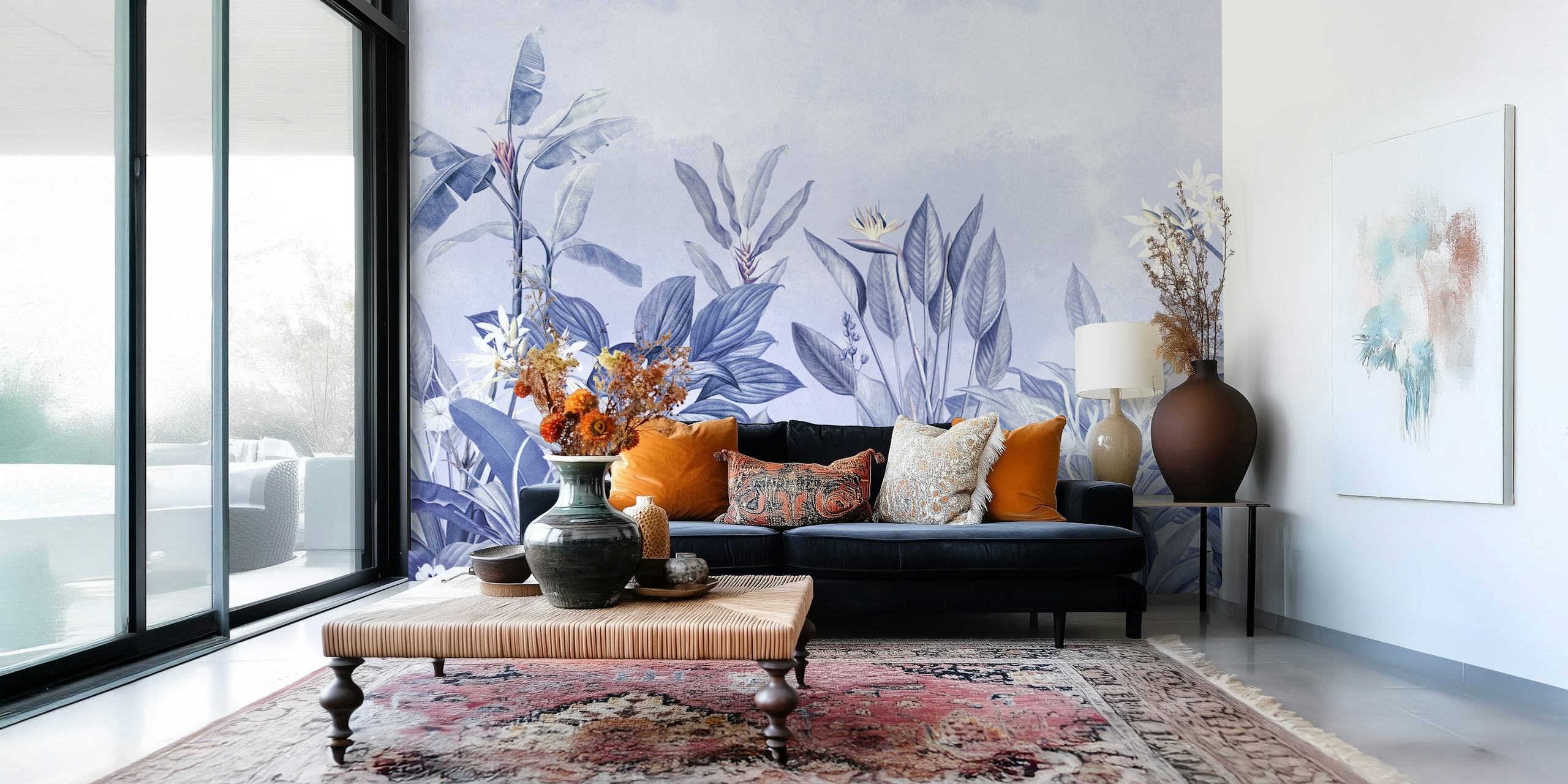 Elegant vintage botanical garden wall mural in shades of blue and white