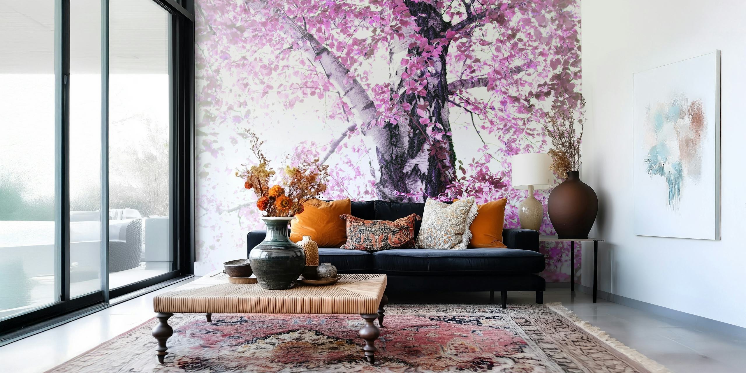 Dreamy pink birch tree mural with a tranquil faded background