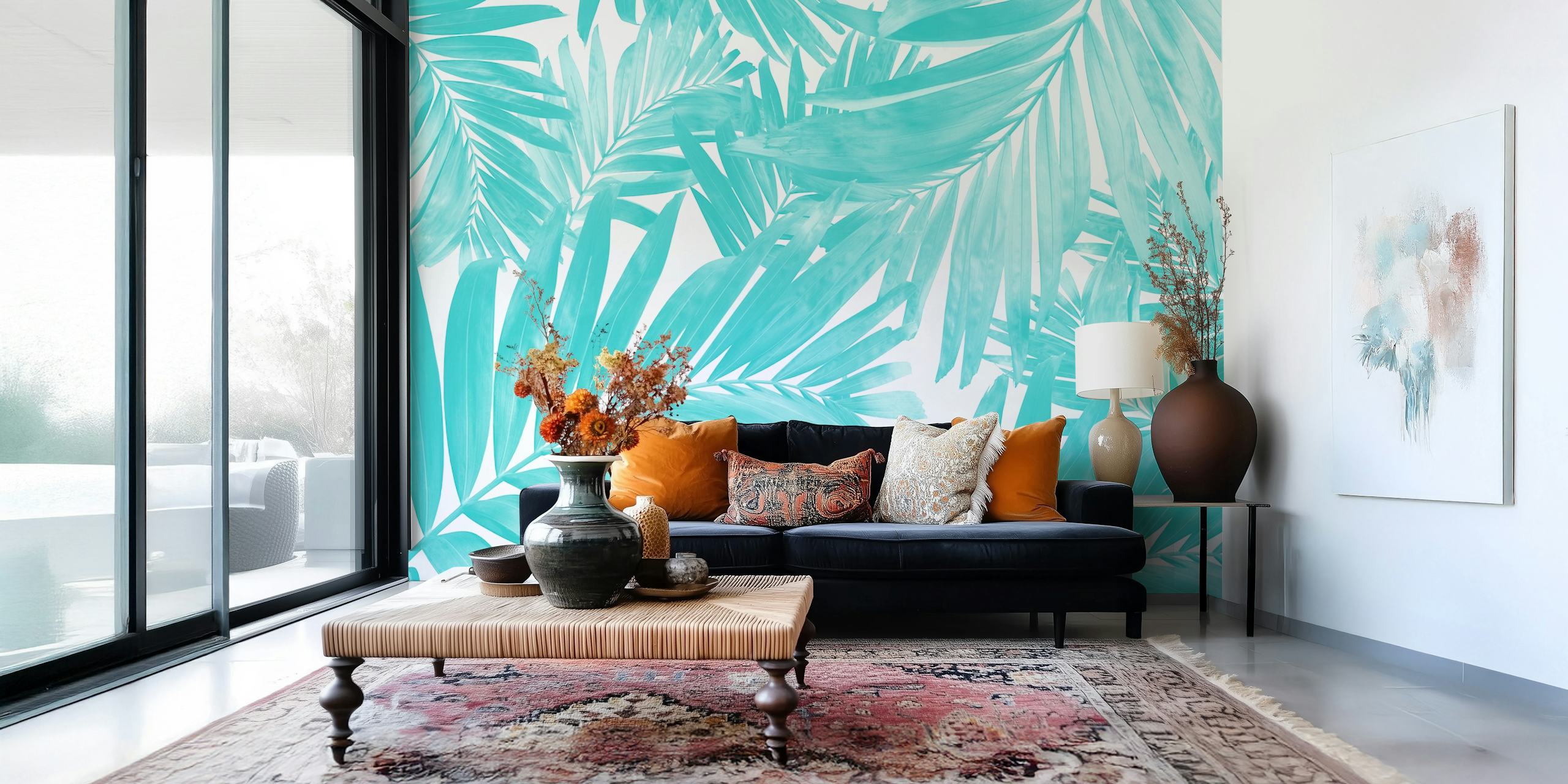 Palm leaves pattern wallpaper in a room