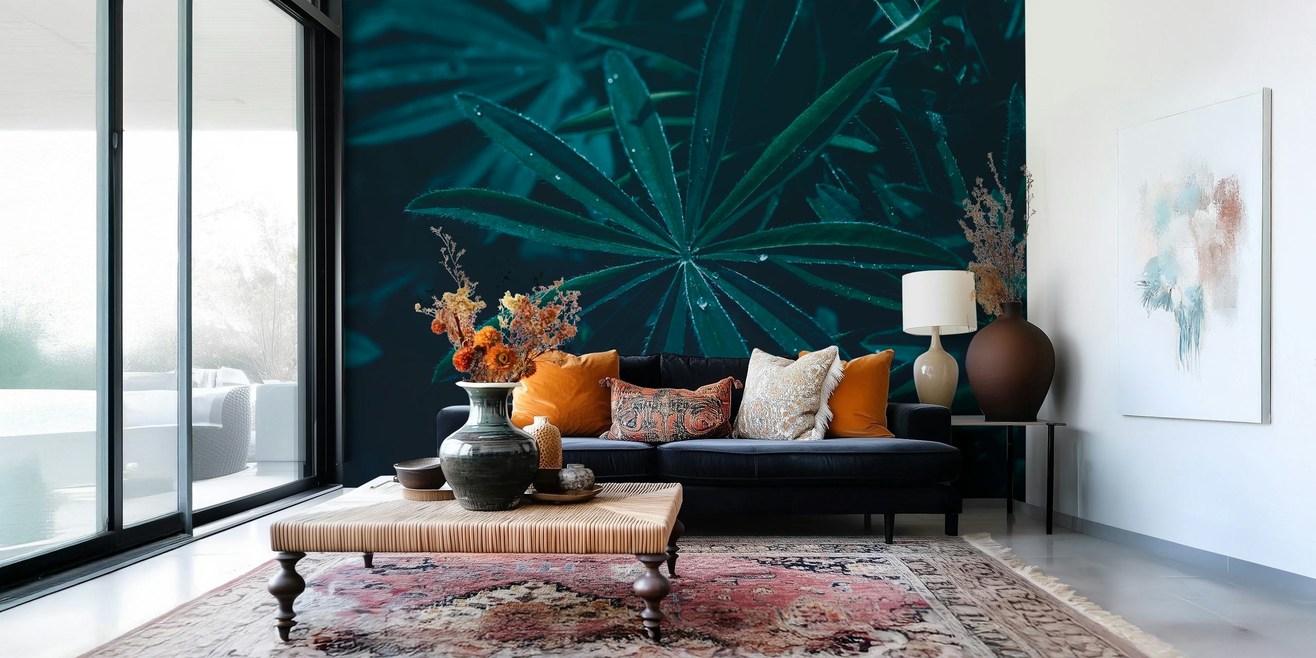 Papel de parede Dark Green Leaf em um lindo quarto