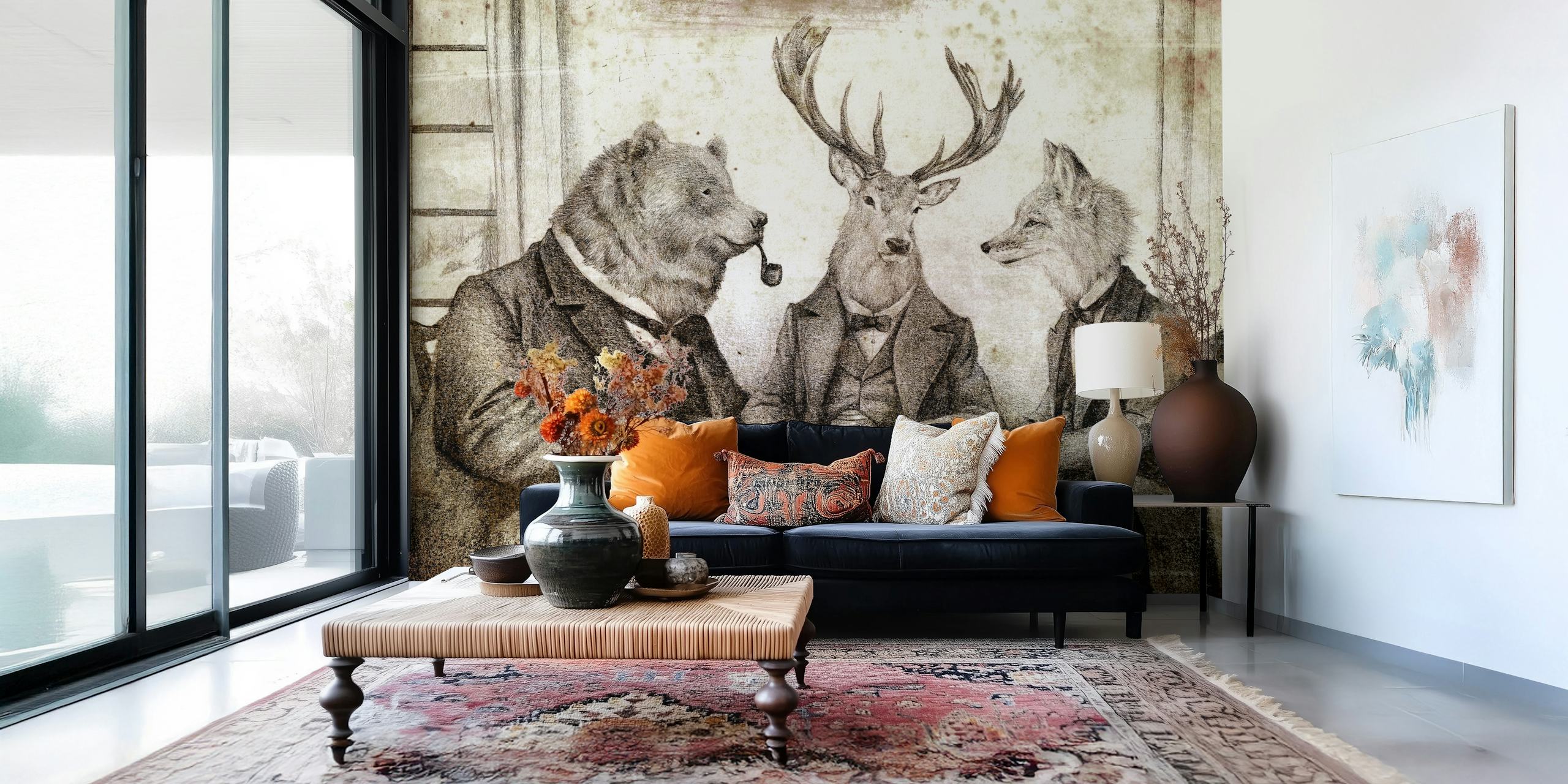 Bear, deer, and fox in suits at tea table wallpaper