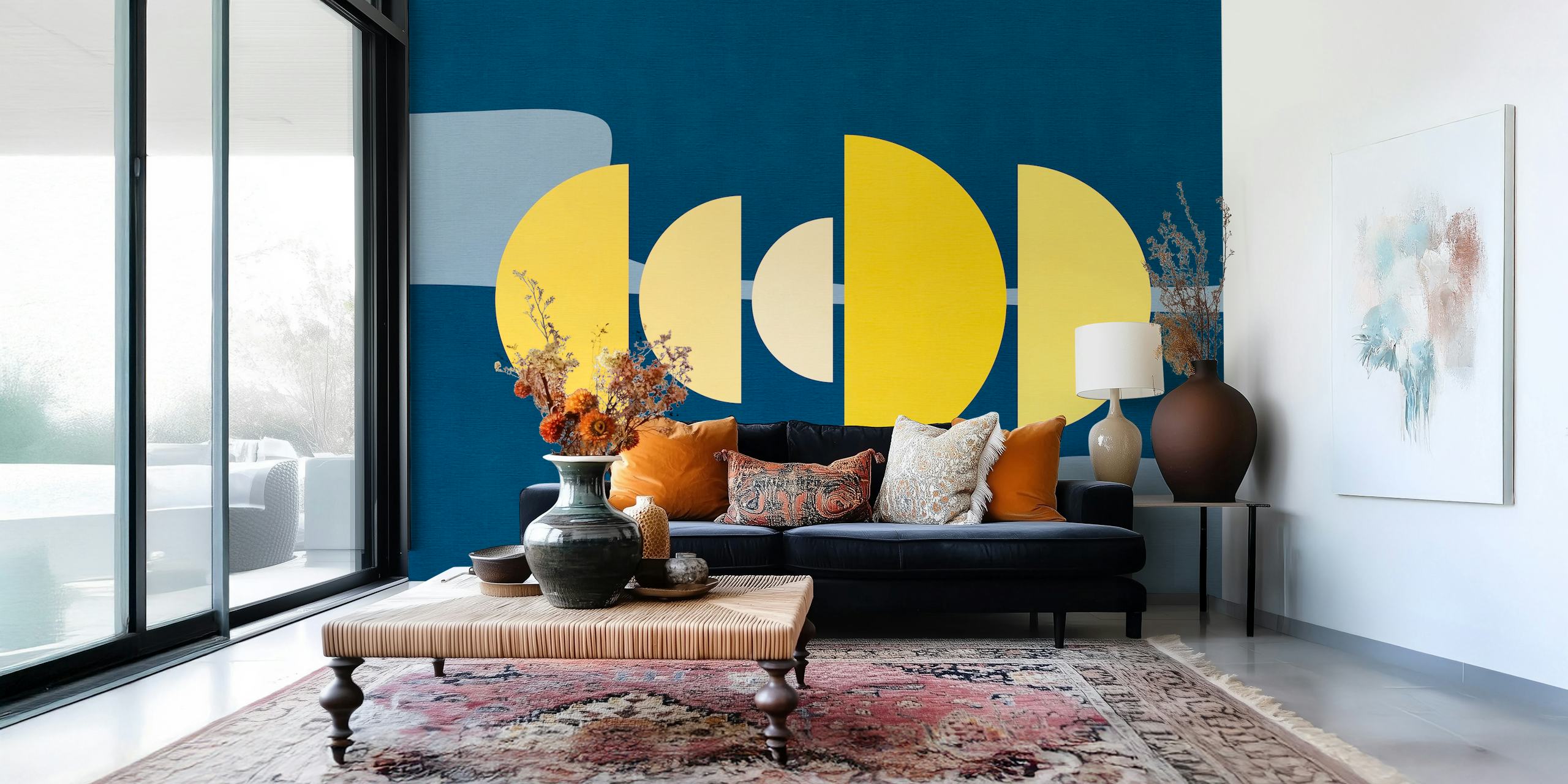 Geometric shapes in yellow and cream on a navy background wallpaper