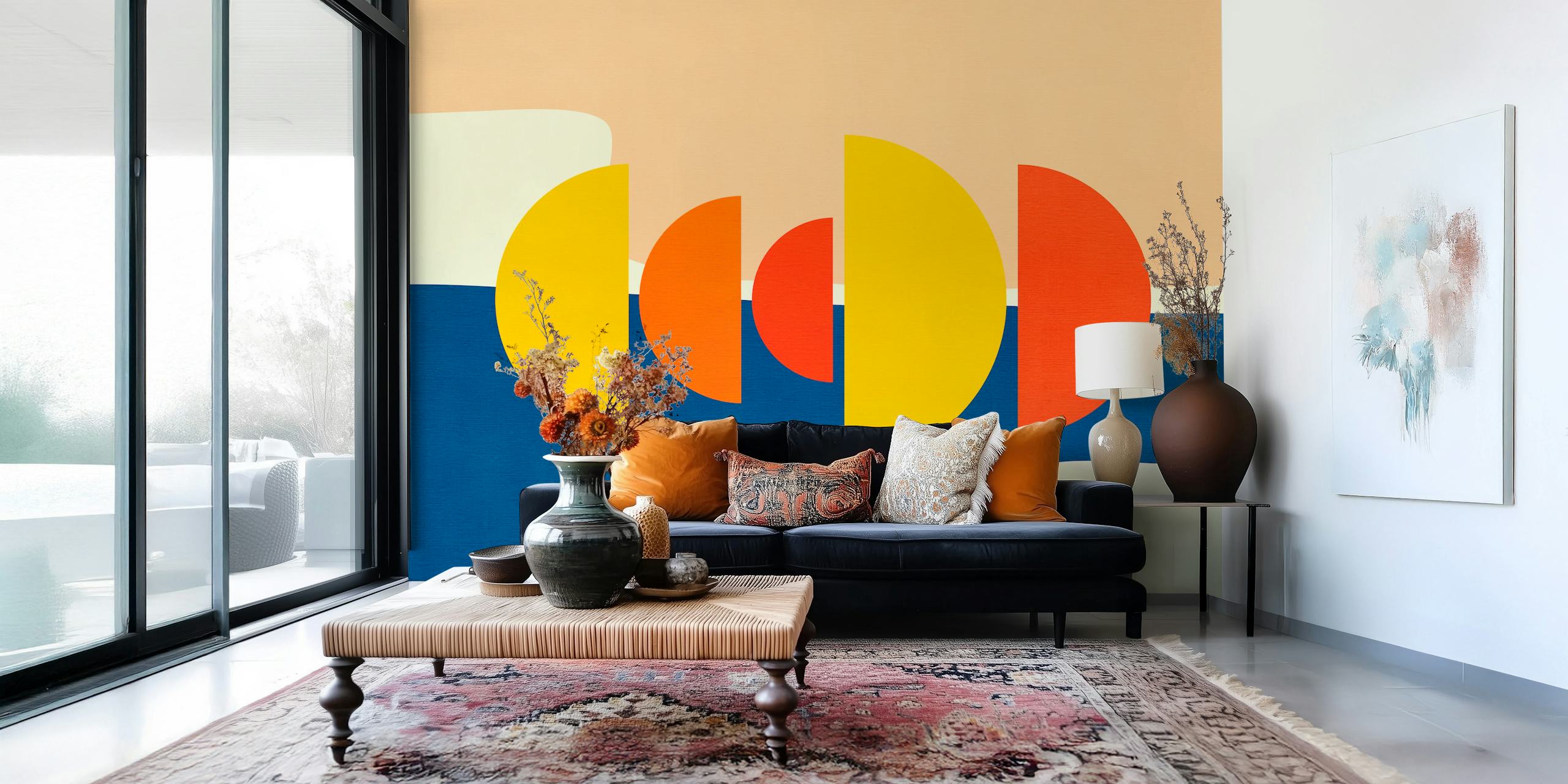 Geometric circles in yellow, red, and blue wallpaper