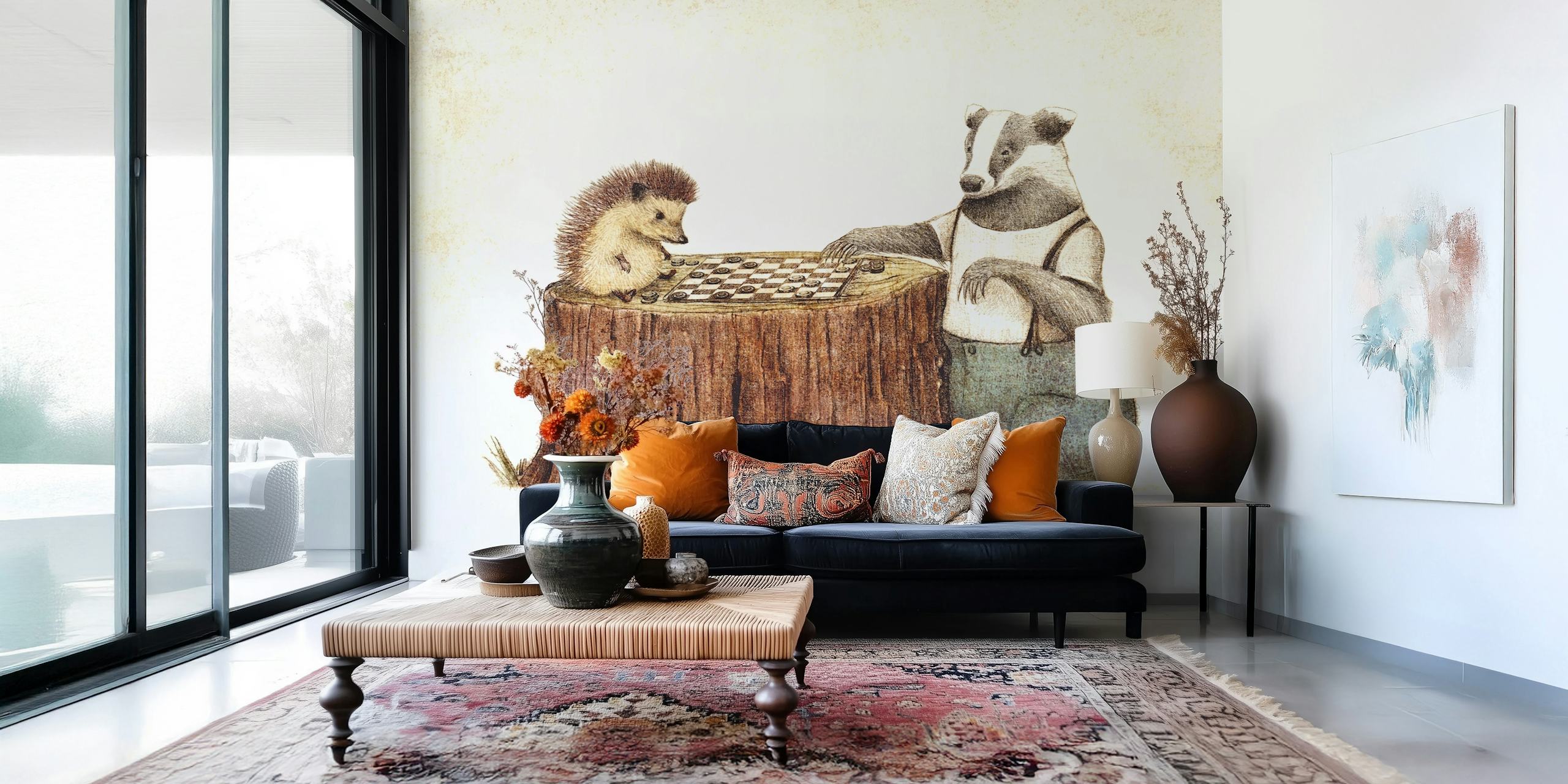 Playtime II behang met egeltje en das