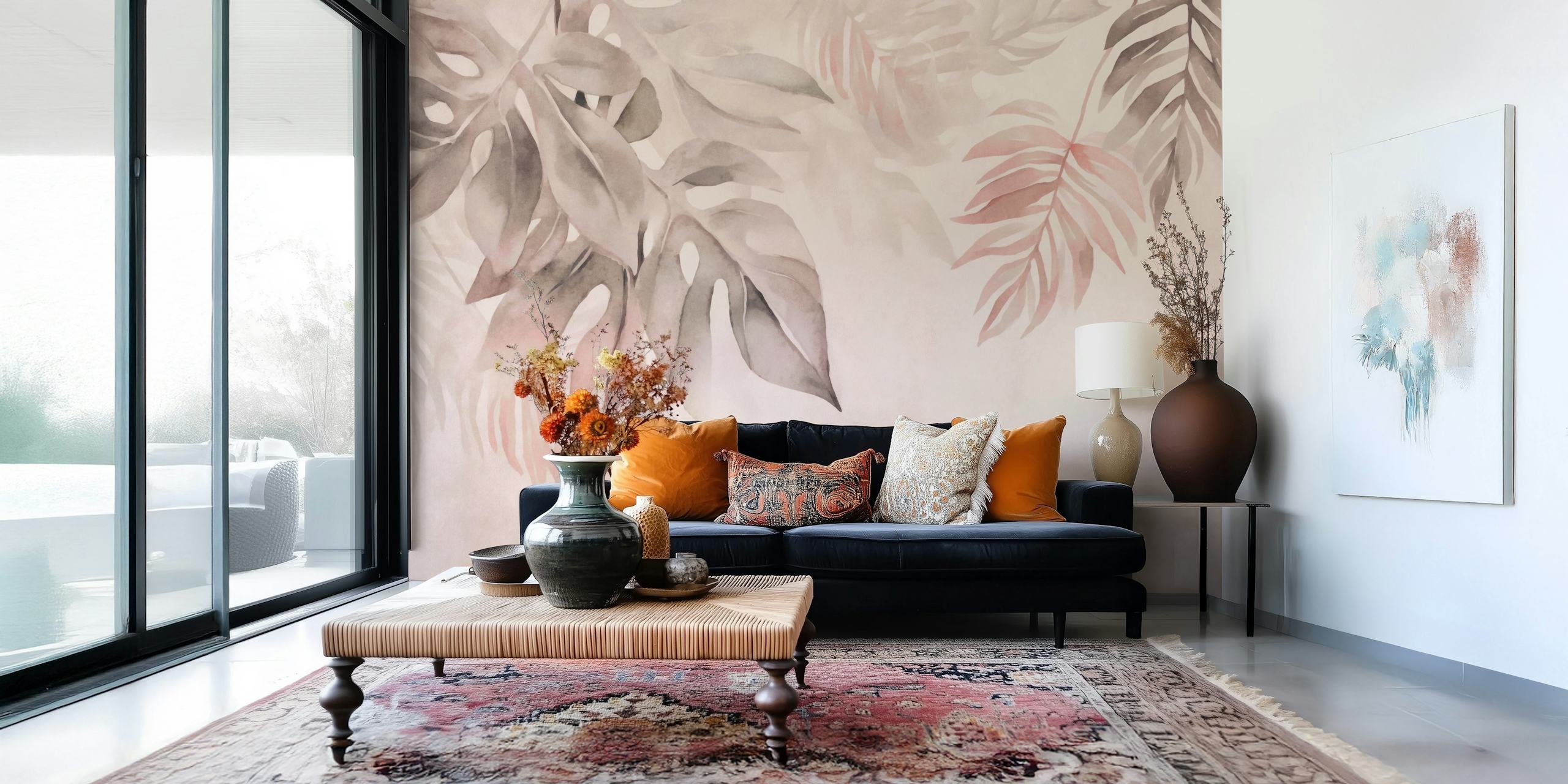 Tropical leaves in blush and gray colors, watercolor style wallpaper