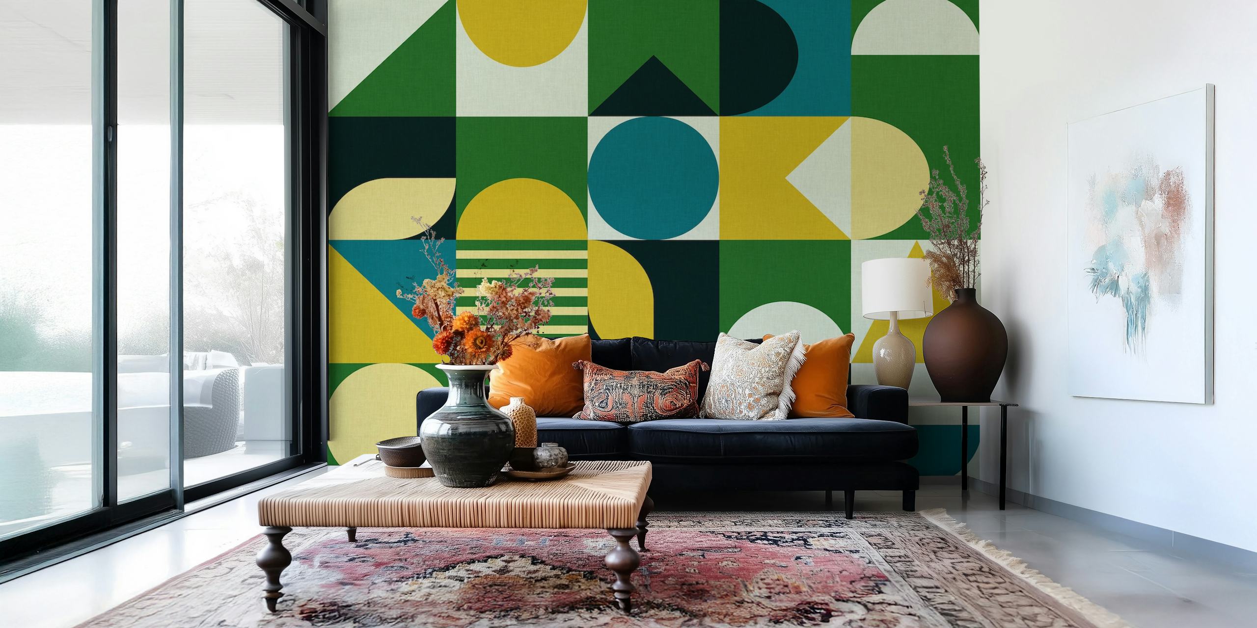 Mid century moody blue wallpaper design in a room