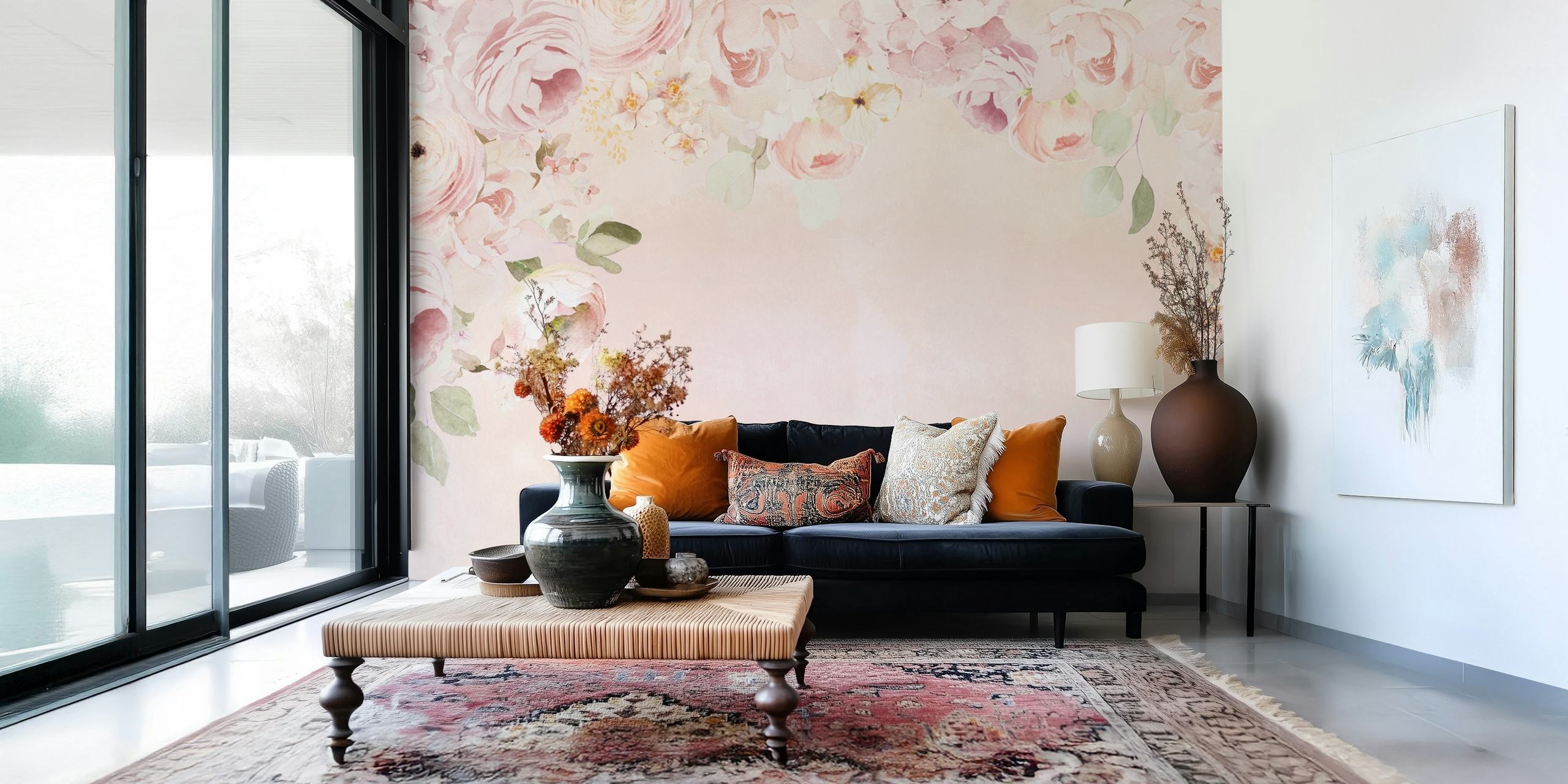 Pastel floral wallpaper featuring soft pink flowers and green leaves