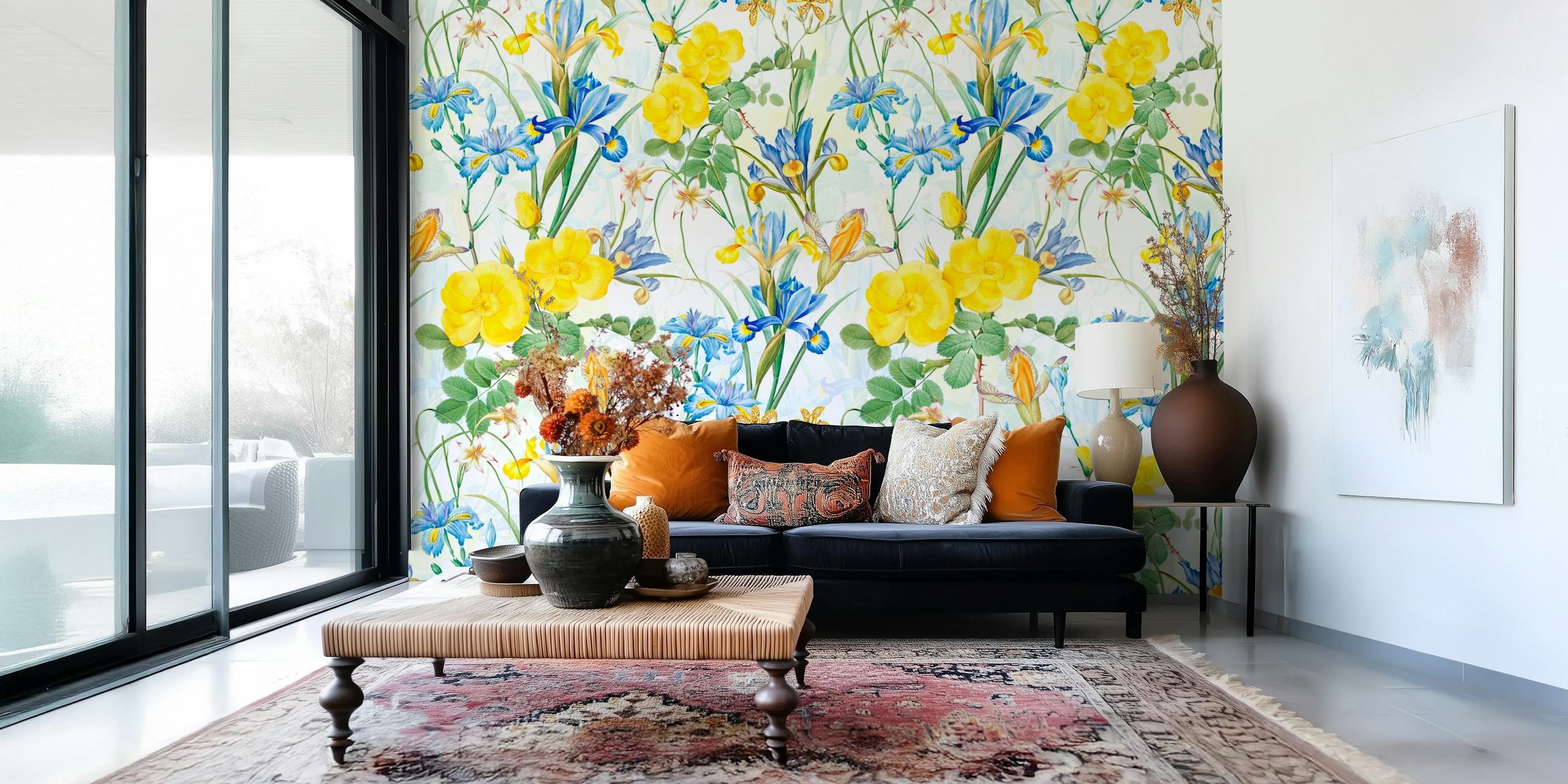 Yellow and blue iris and rose floral wallpaper