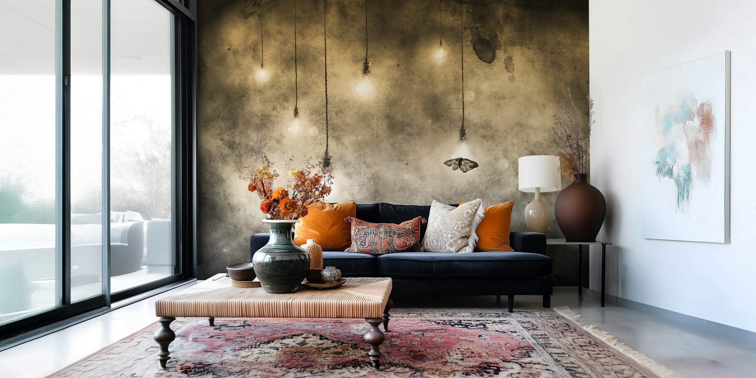 Vintage light bulbs hanging with a butterfly on a dark background wallpaper