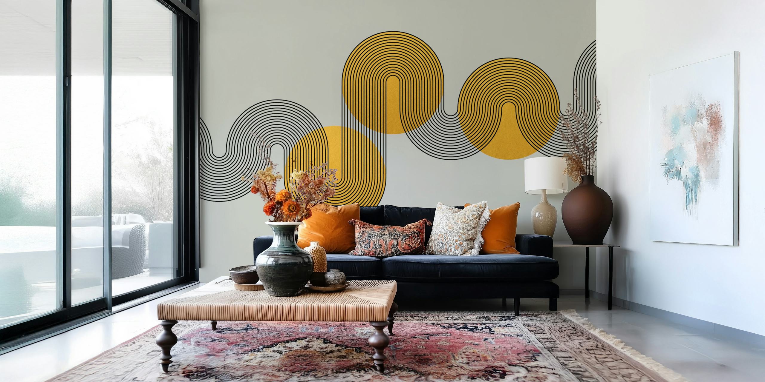 Fotomural estilo Art Déco abstracto con formas geométricas en tonos dorados y grises