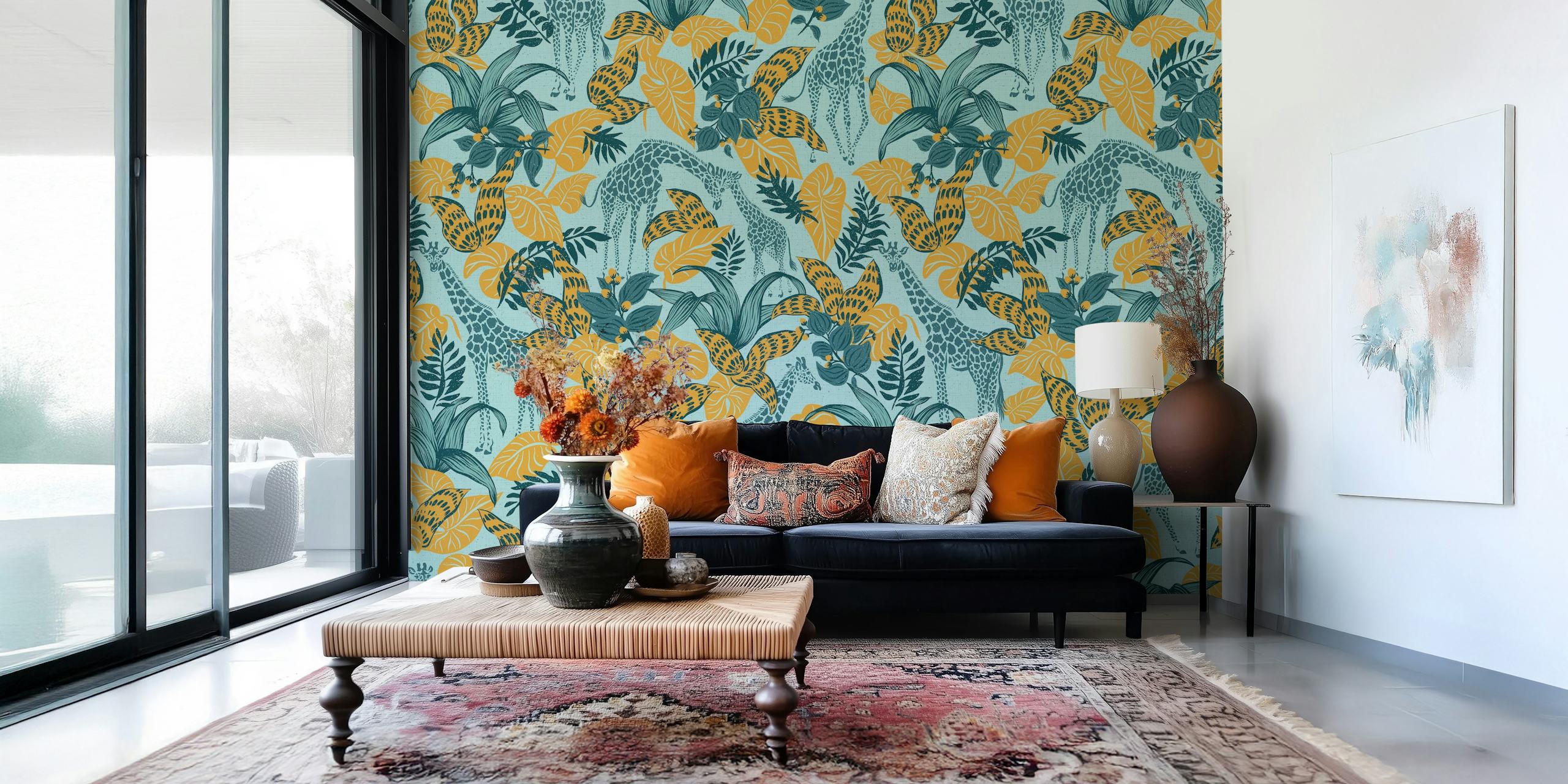 Tropical giraffe wallpaper featuring colorful plants and giraffes in shades of blue and yellow