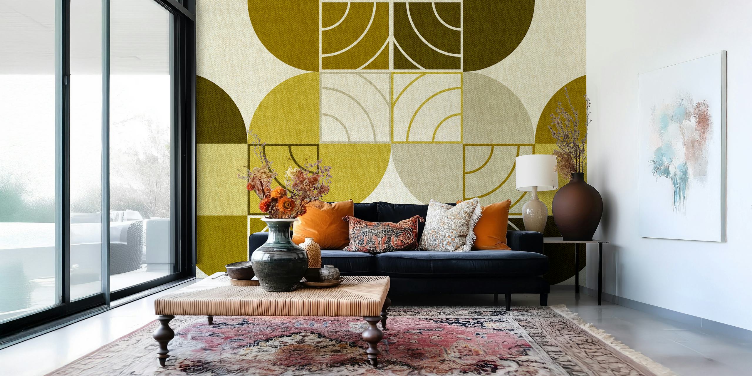 Geometric shapes in green and beige hues wallpaper