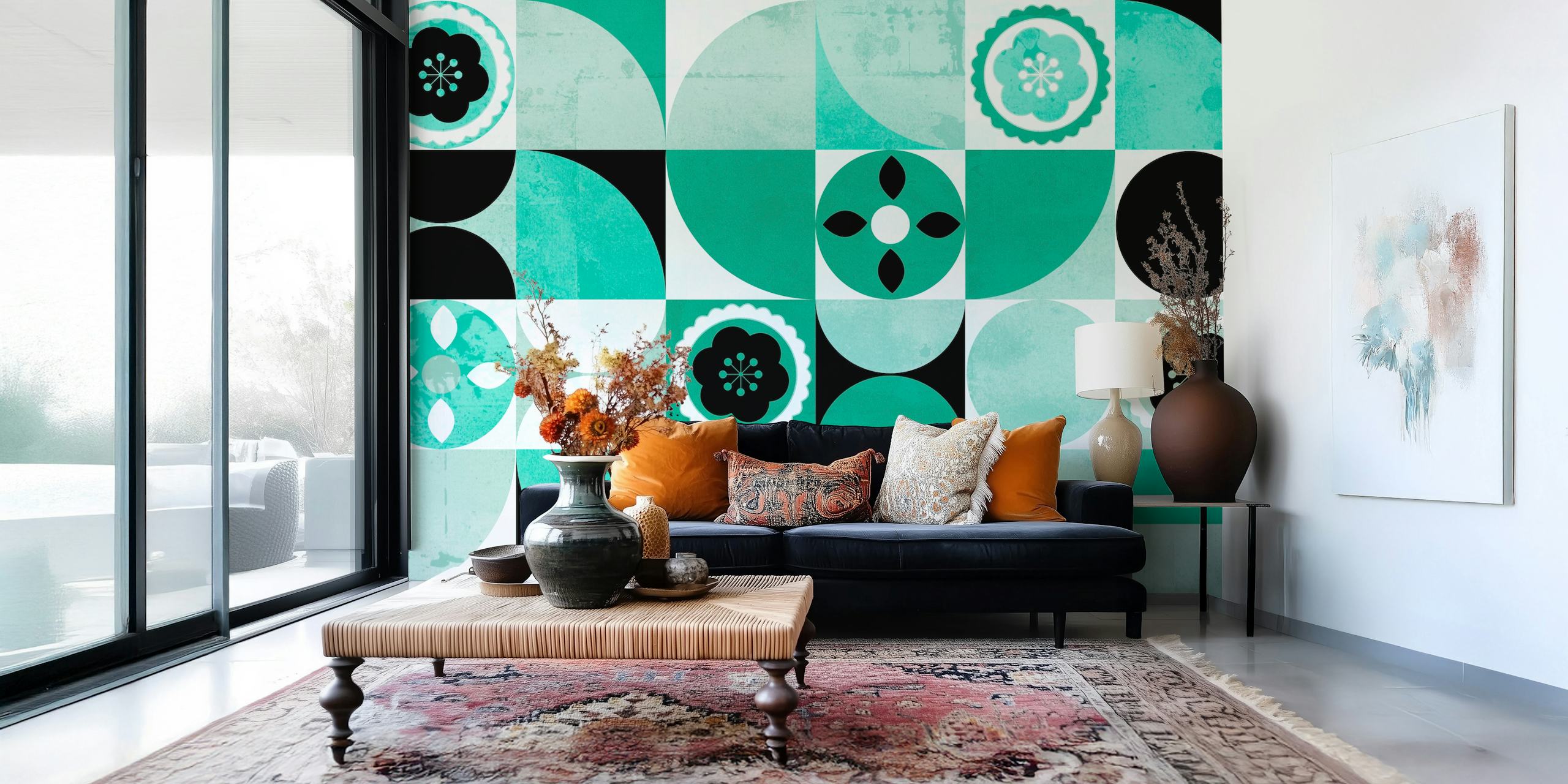 Geometric mint green and black wallpaper with floral motifs