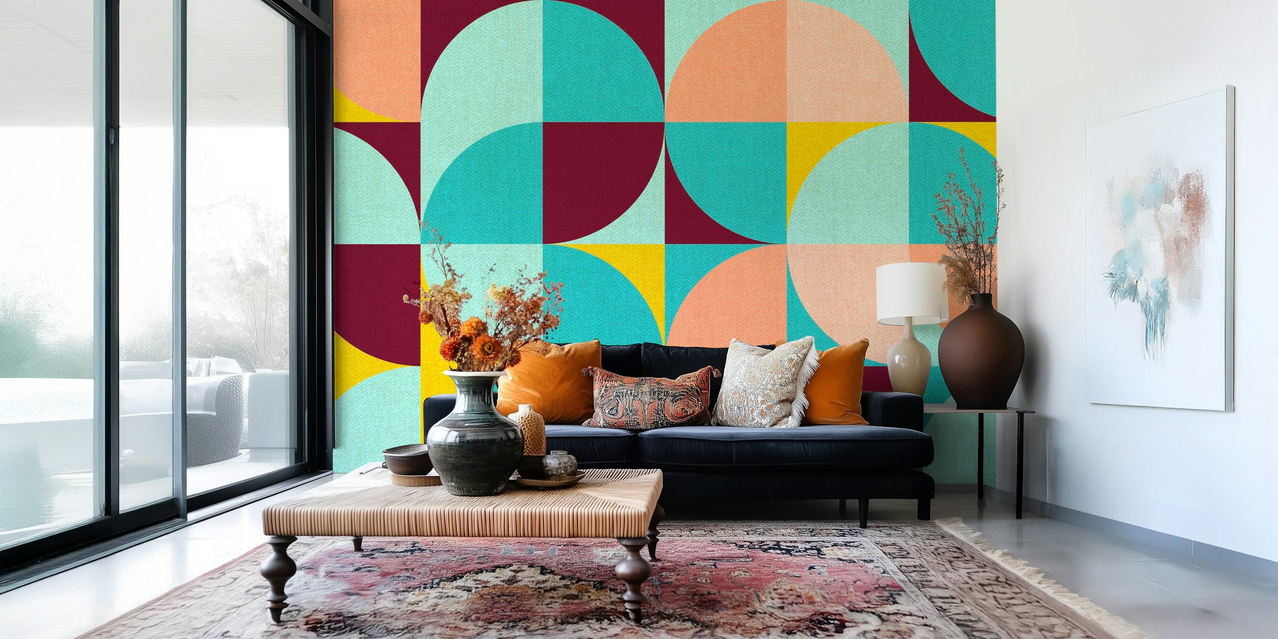 Colorful geometric patterns in pink, teal, yellow, and burgundy wallpaper