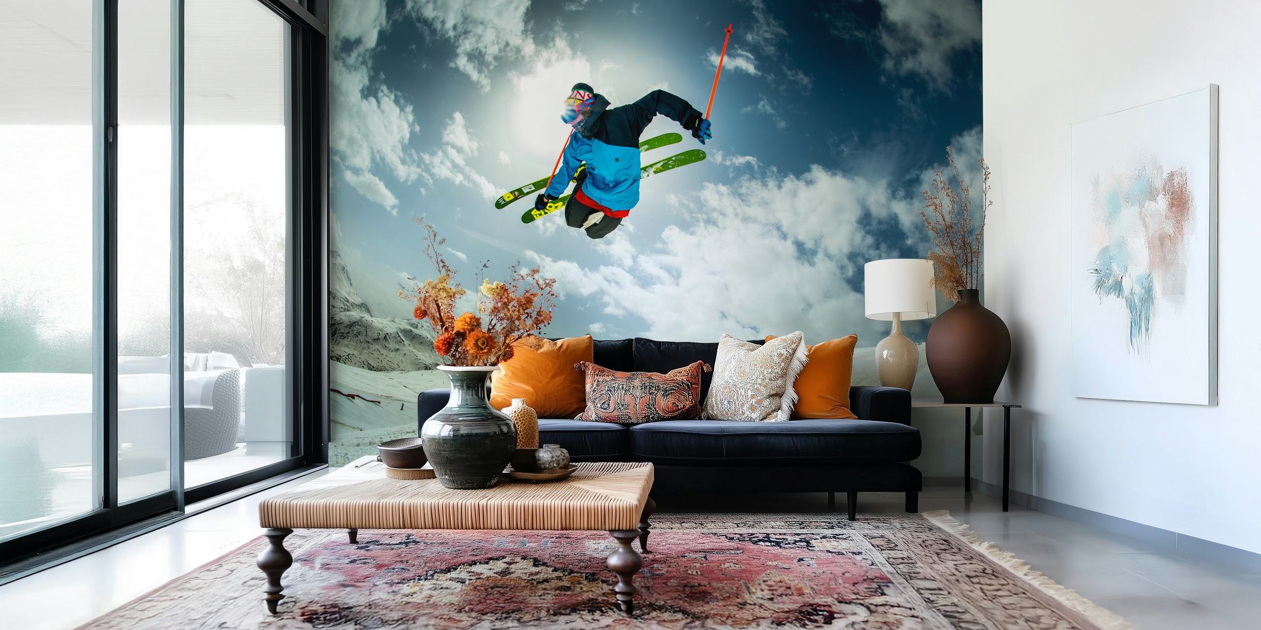 Skier performing tricks in bright blue outfit against a snowy backdrop wallpaper