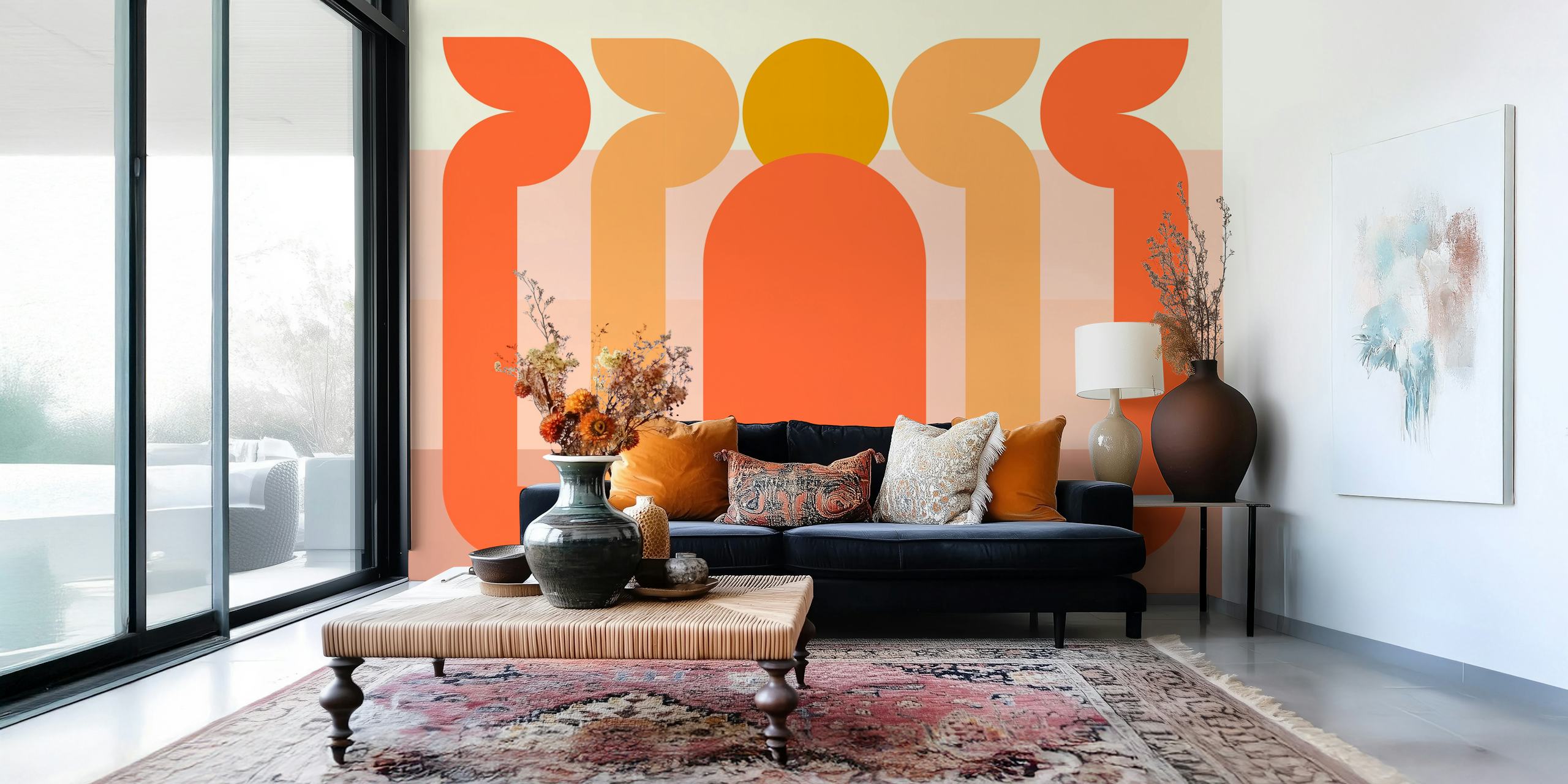 Design de papel de parede Retro Sun Abstract em um quarto