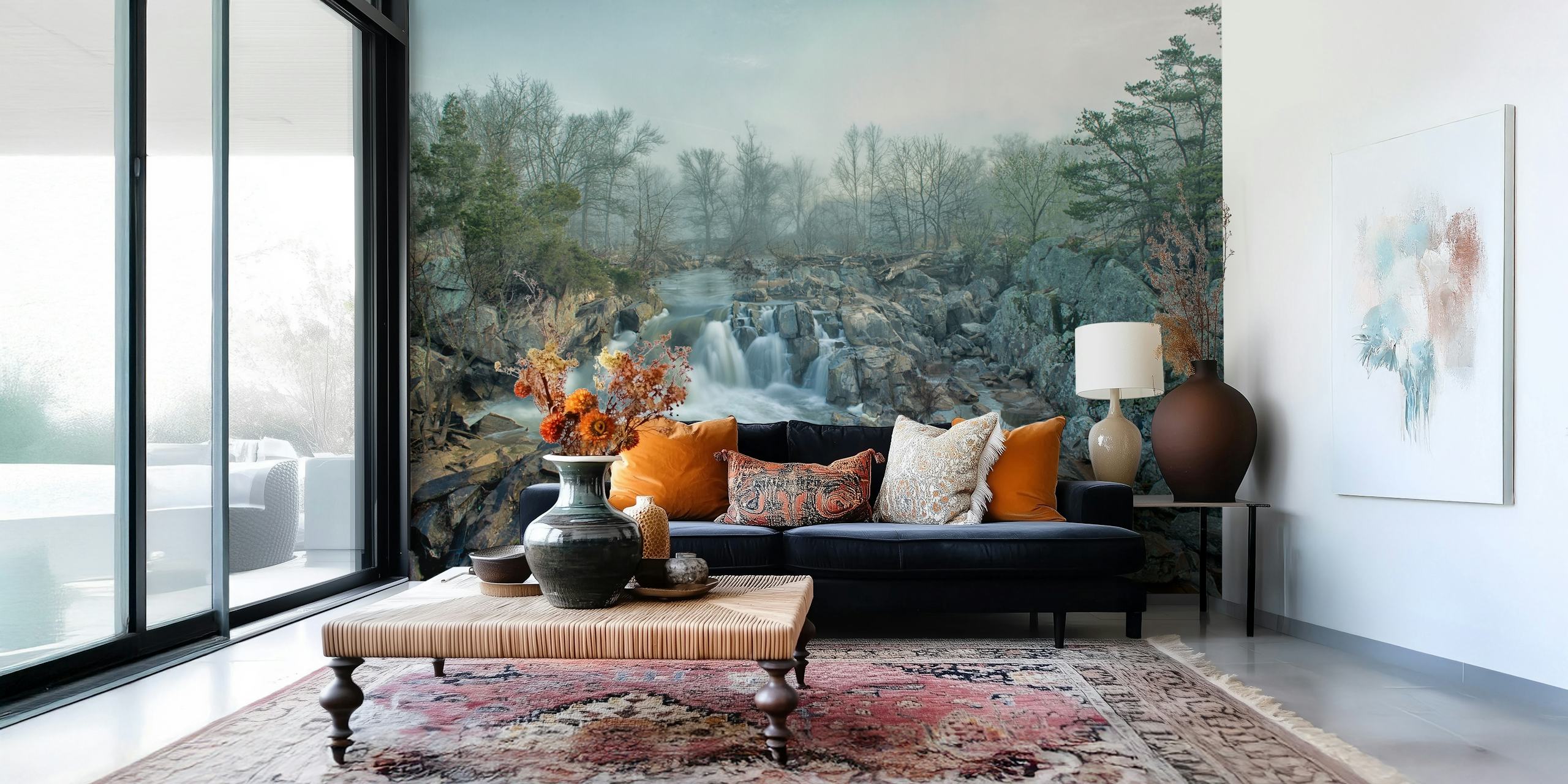 Wallpaper featuring a waterfall and misty forest