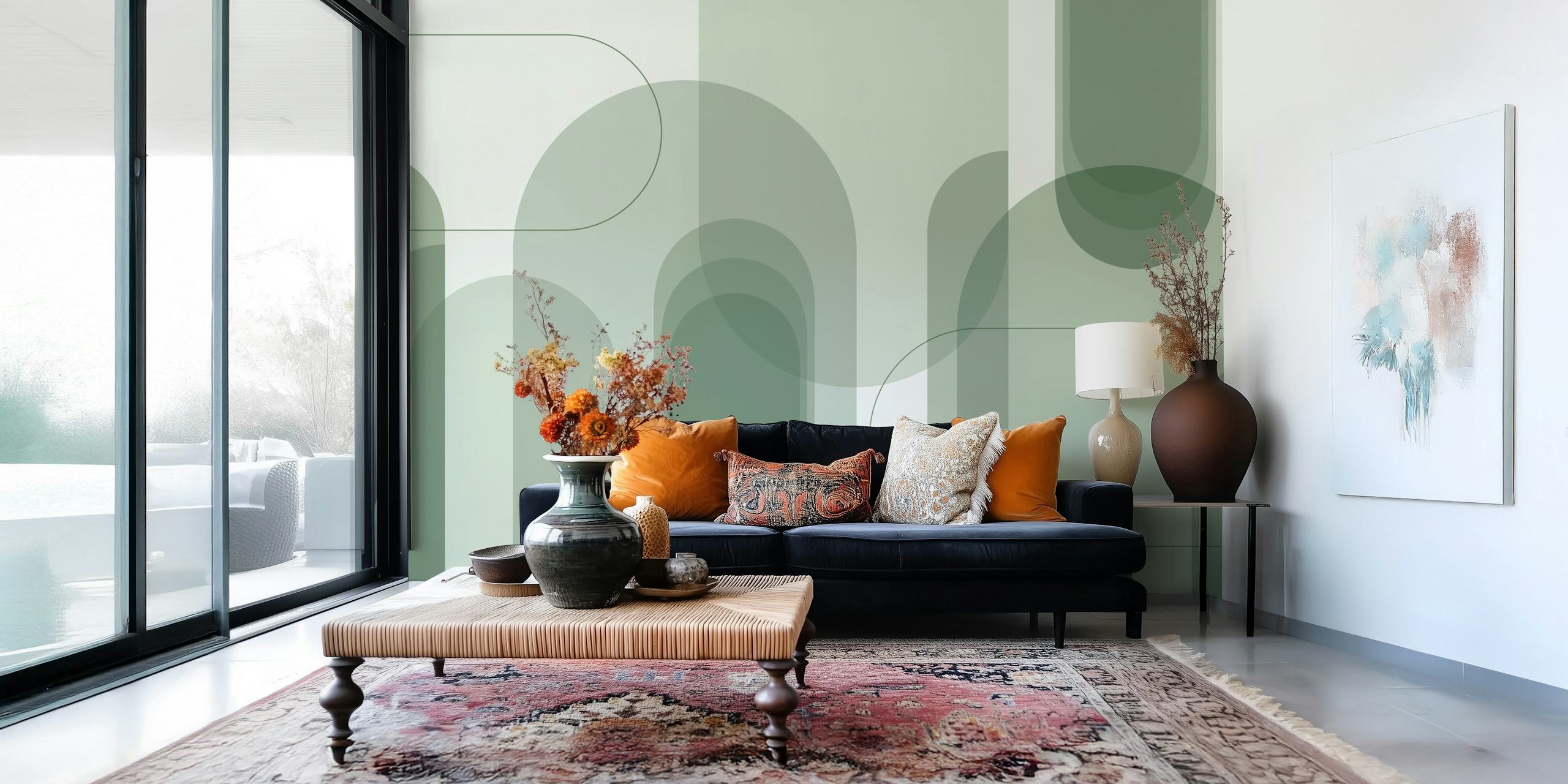 Green abstract arches wallpaper in a room