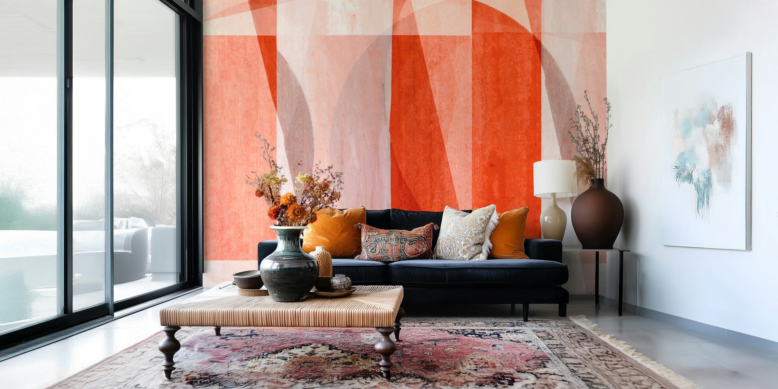 Warme Bauhaus Art geometrische muurschildering in rode tinten