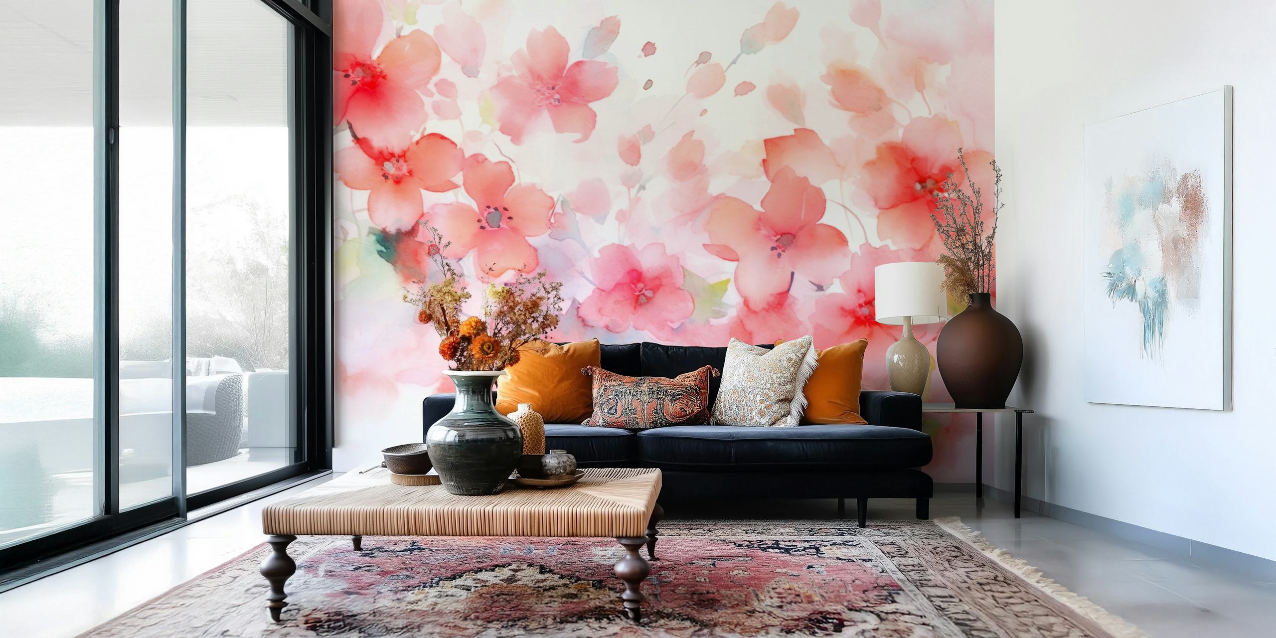 Pink watercolor cherry blossom floral wallpaper