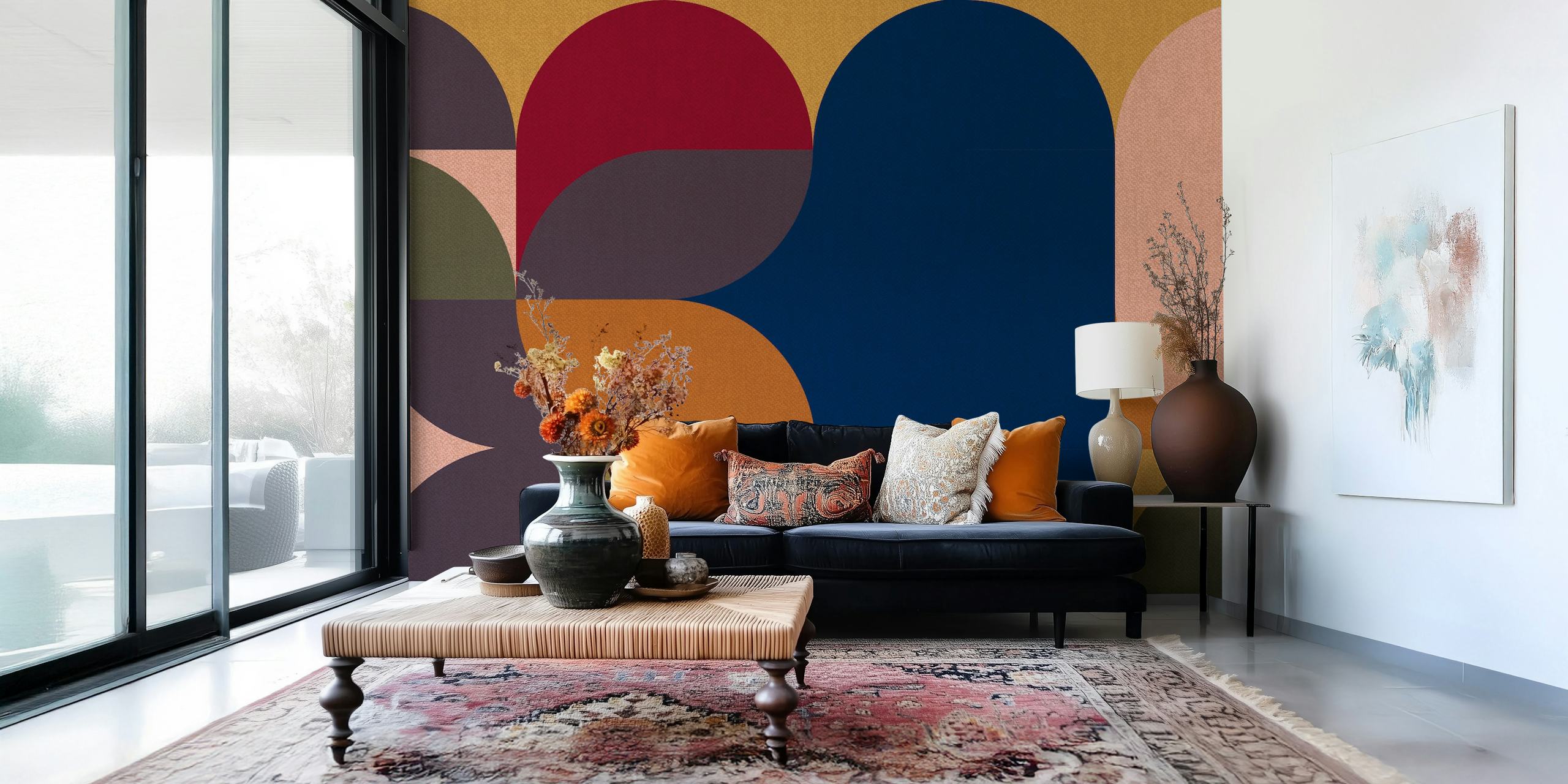 Abstrakcyjna lniana fototapeta z kolażem w stylu retro z ziemistymi tonami i organicznymi kształtami.